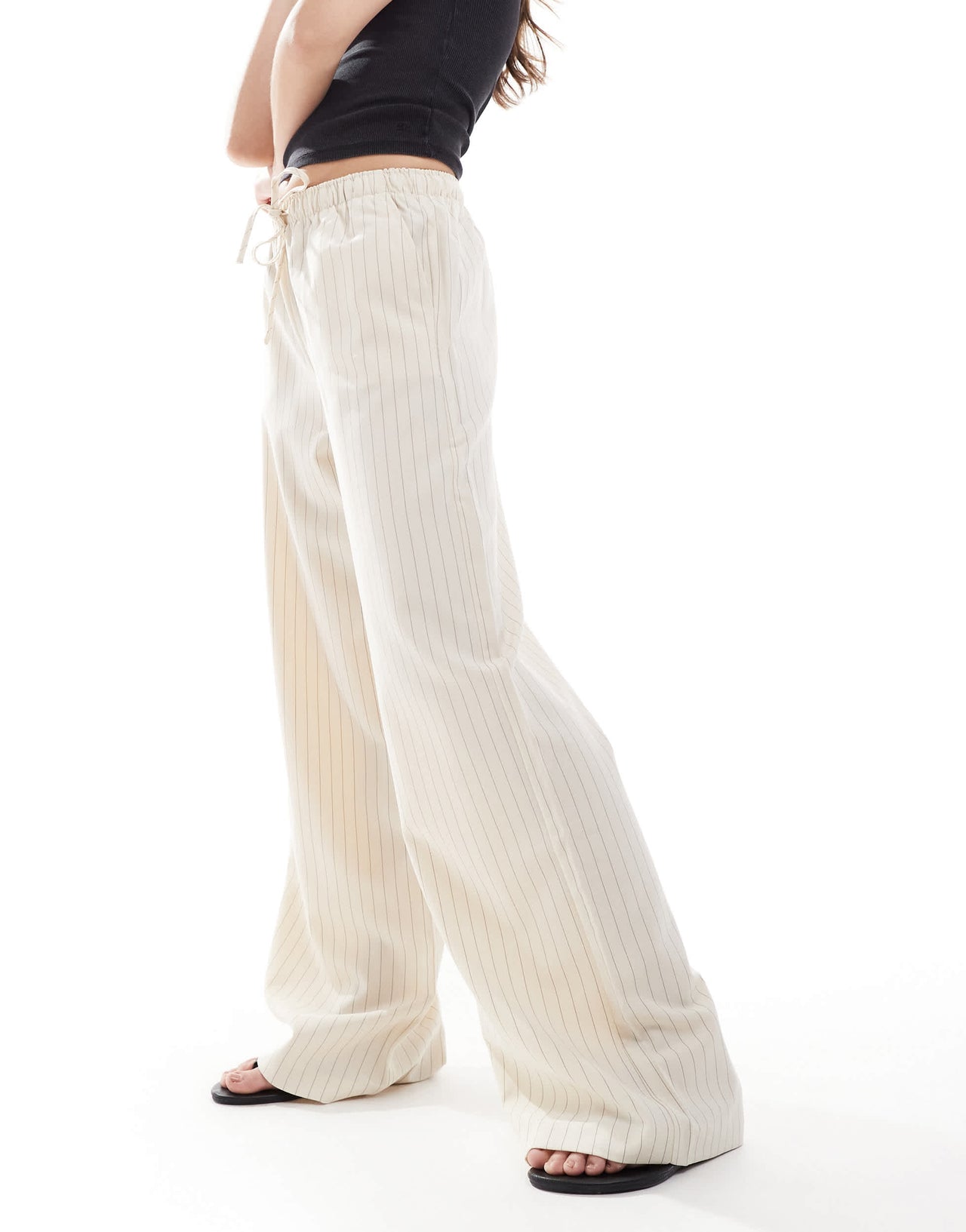 Stradivarius pull on trouser in beige pinstripe