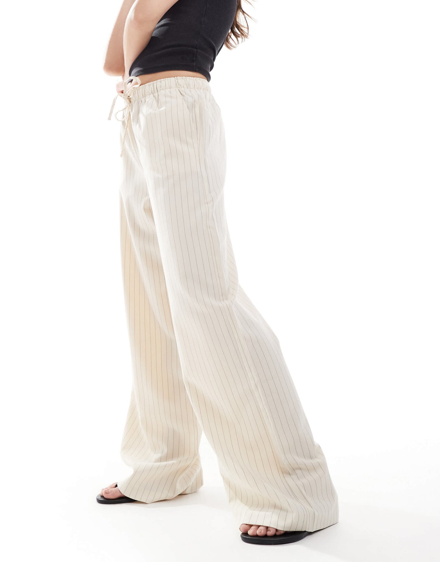 Stradivarius pull on trouser in beige pinstripe