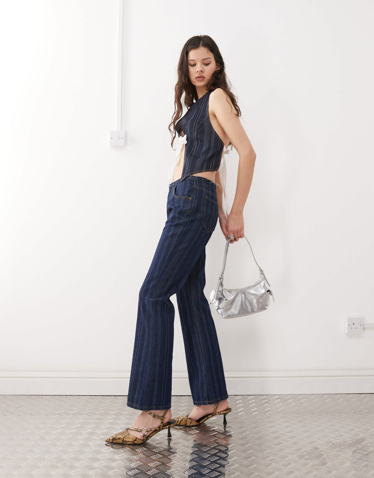 Lioness denim low rise flared jeans co-ord in dark denim stripe