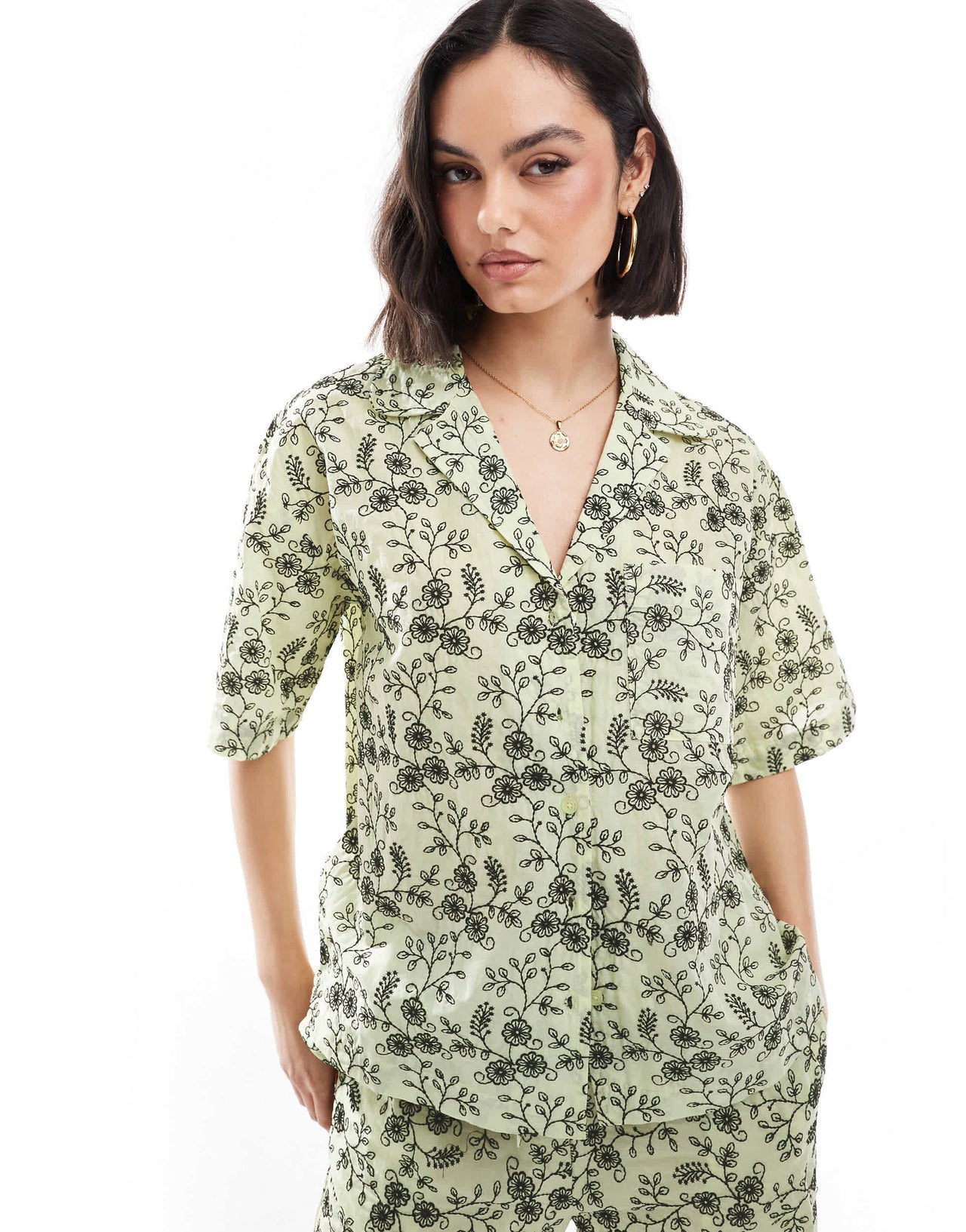 ASOS DESIGN contrast broderie co-ord shirt