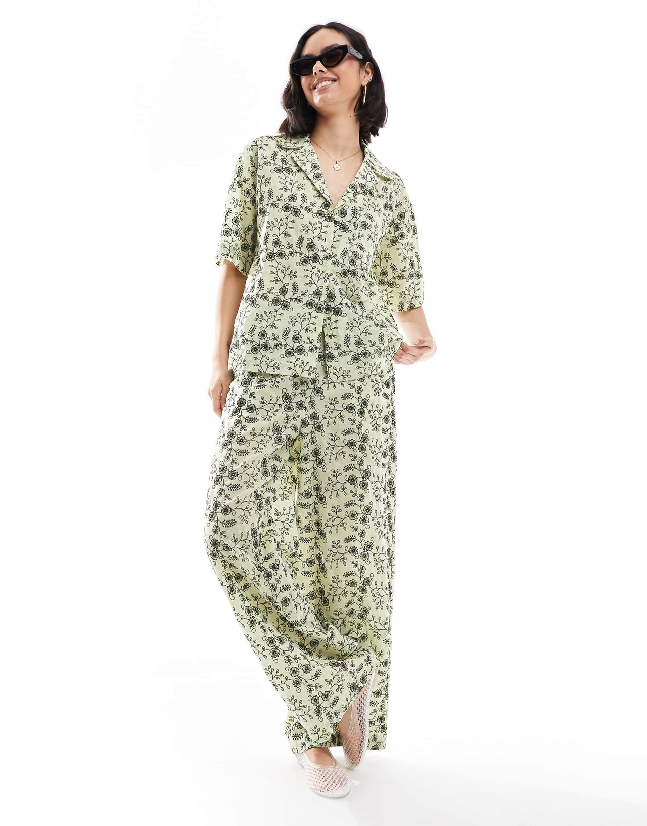 ASOS DESIGN contrast broderie co-ord shirt