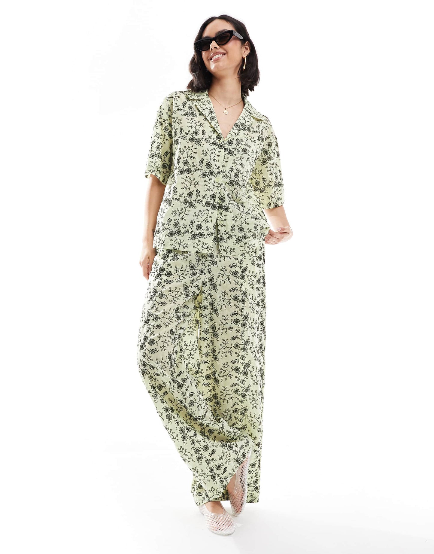 ASOS DESIGN contrast broderie co-ord shirt