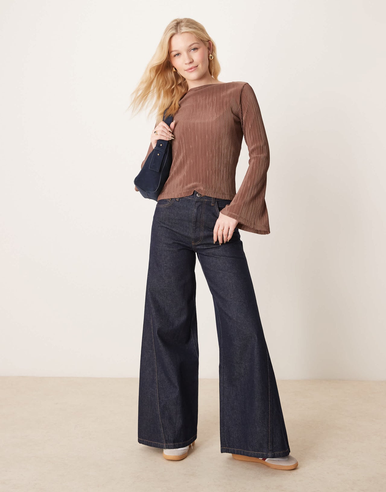 ASOS DESIGN plisse angel sleeve slash neck top in cream