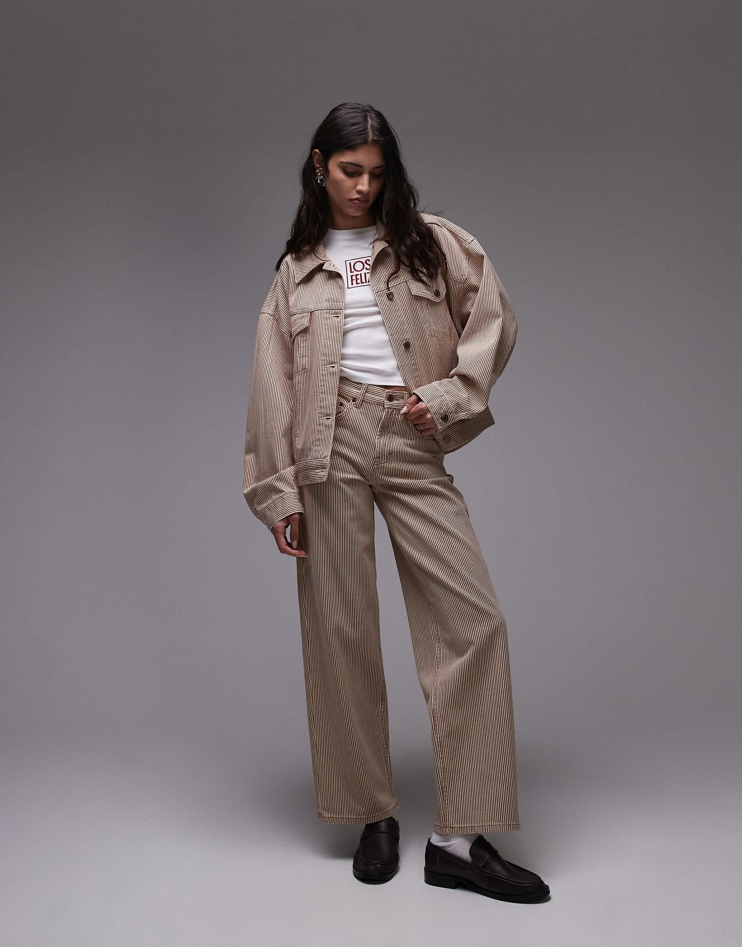 Topshop Cinch low rise relaxed jean in tan stripe
