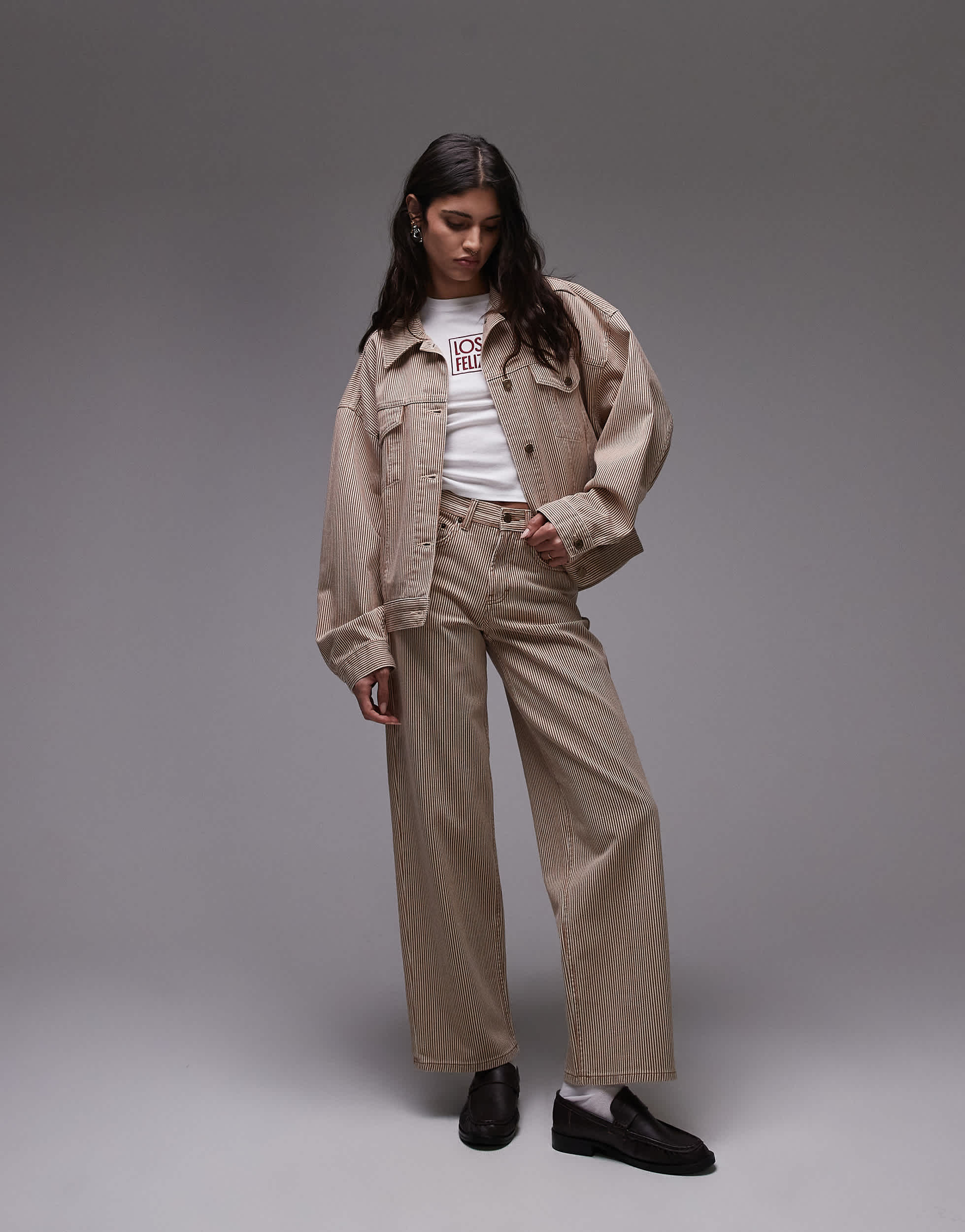 Topshop Cinch low rise relaxed jean in tan stripe