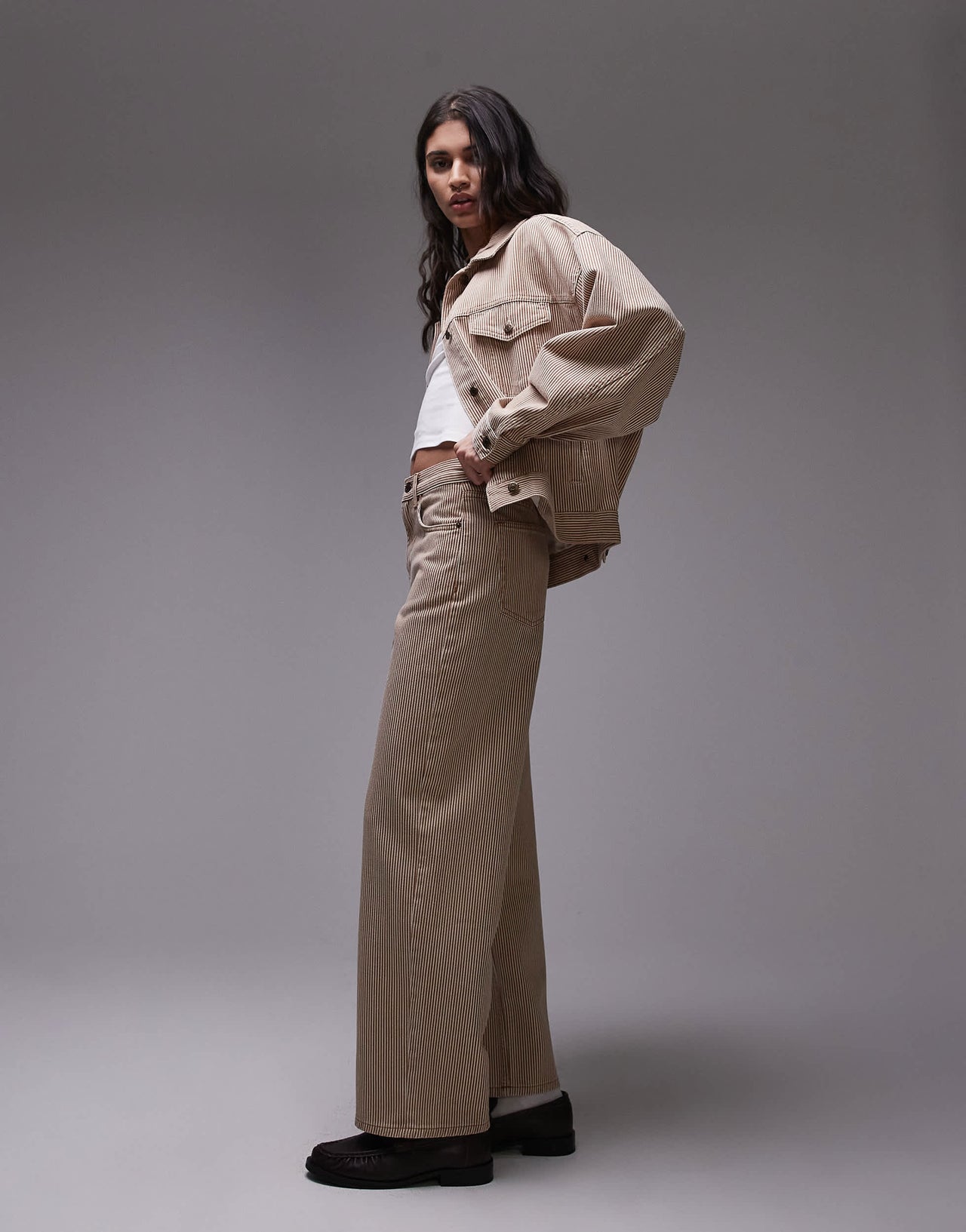 Topshop Cinch low rise relaxed jean in tan stripe