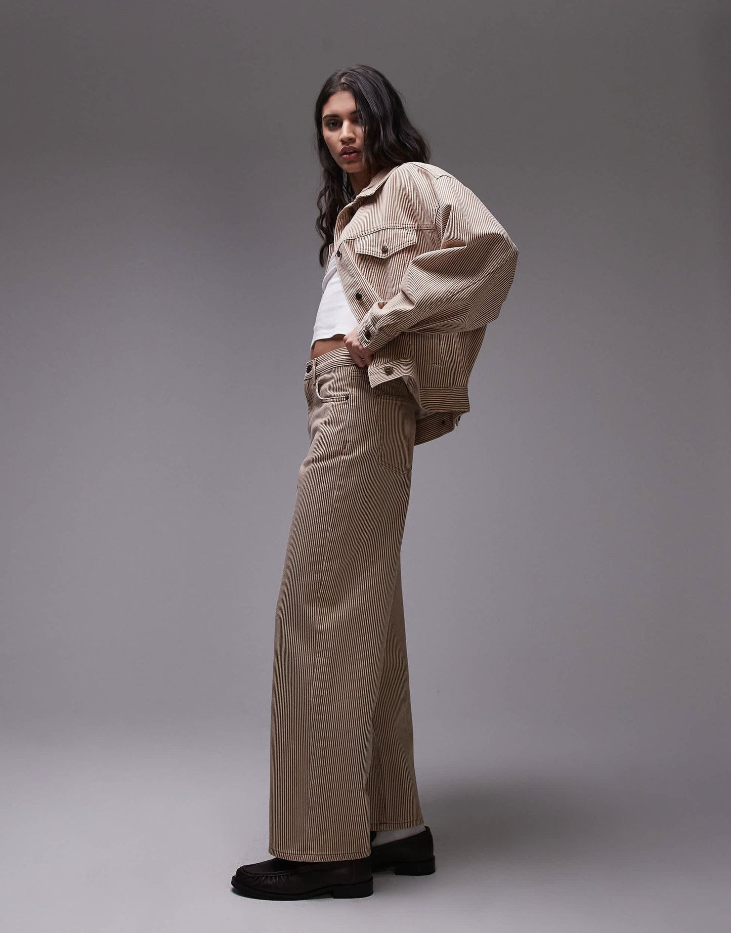Topshop Cinch low rise relaxed jean in tan stripe