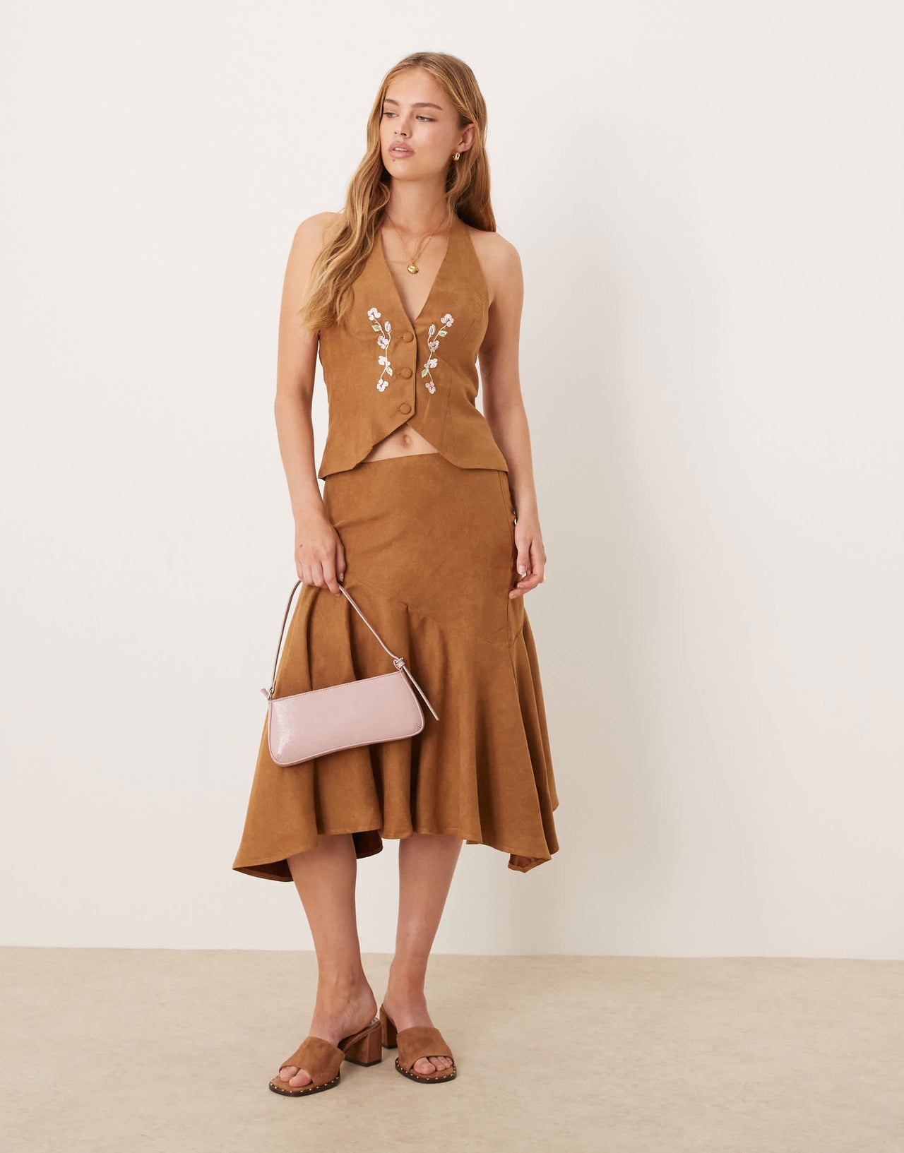 Kiss The Sky faux suede waistcoat with embroidery detail in brown