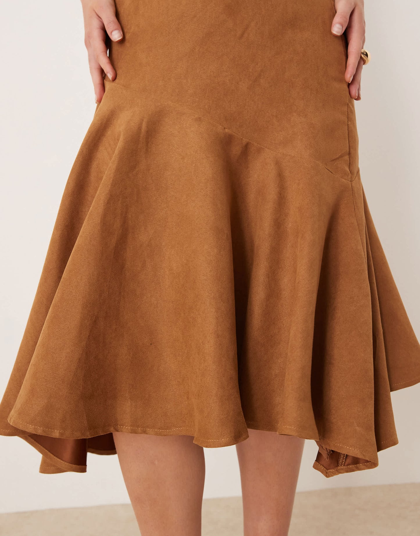 Kiss The Sky low waist asymmetric faux suede midi skirt in brown