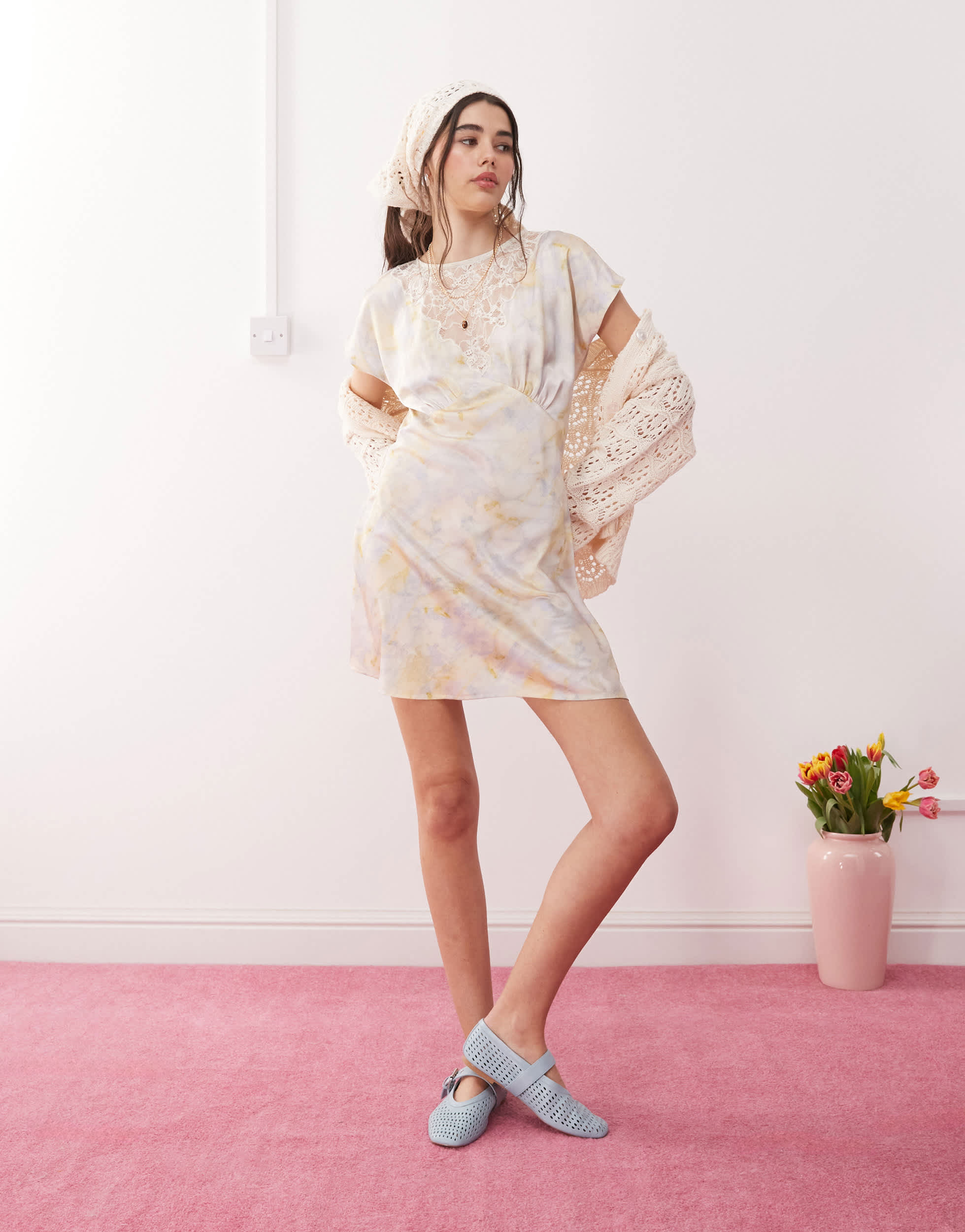 Reclaimed Vintage mini tea dress with lace insert in floral print