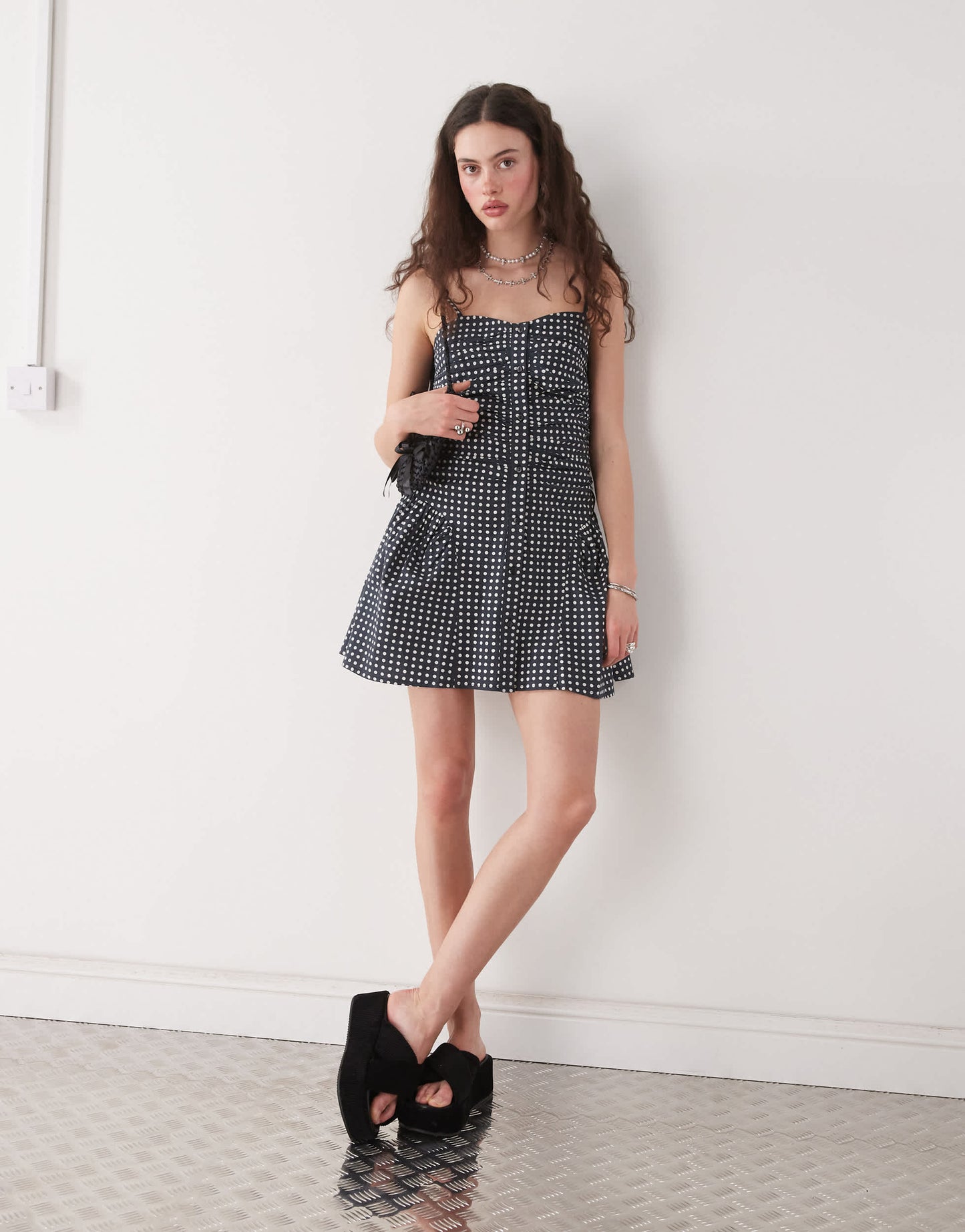 Reclaimed Vintage dropped waist mini sun dress in navy and white polka dot