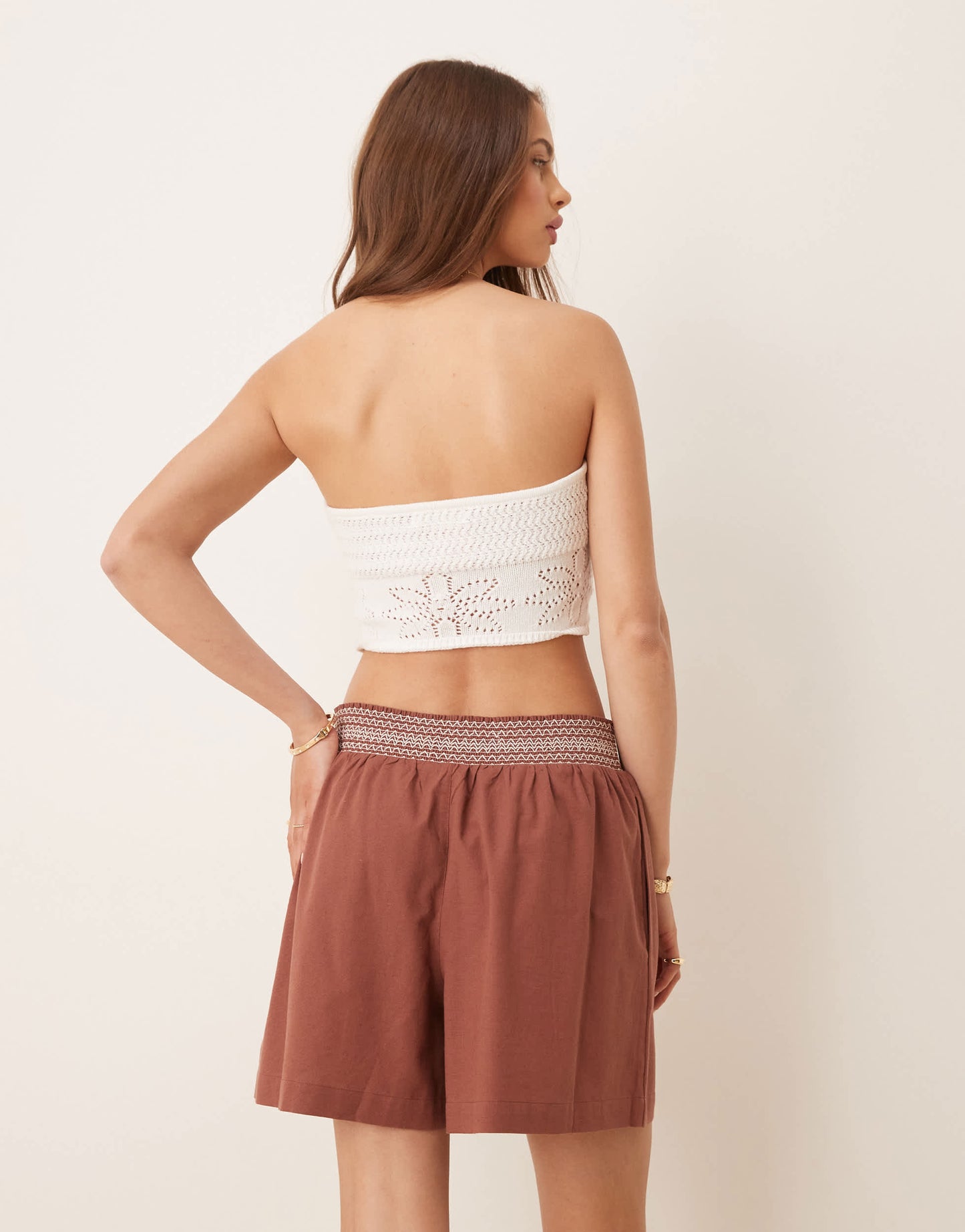 ASOS DESIGN shirred contrast waist shorts in brown