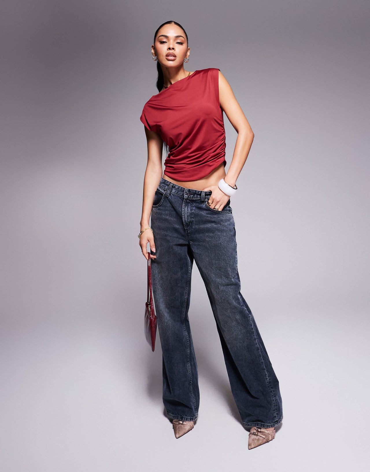 ASOS DESIGN double layer ruched side top in slinky in wine