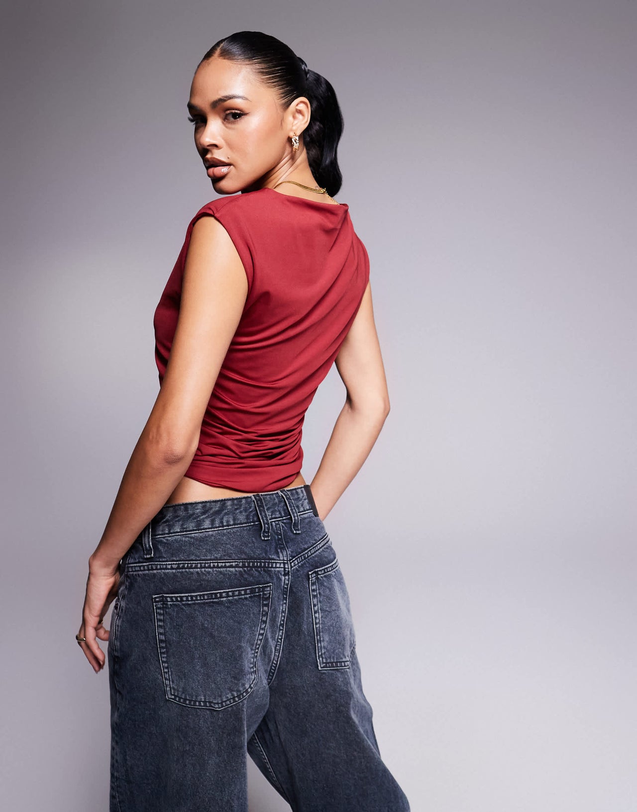 ASOS DESIGN double layer ruched side top in slinky in wine