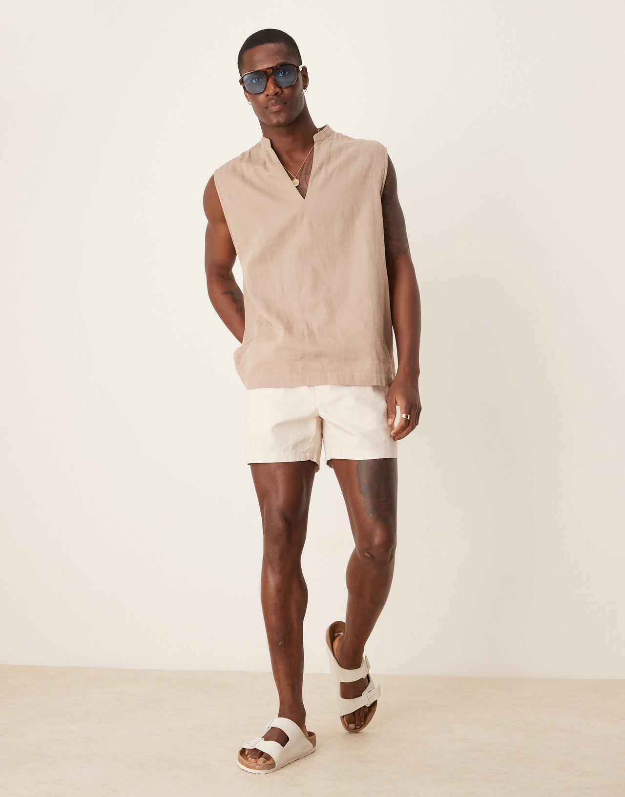 ASOS DESIGN slim shorter length linen blend loose shorts in stone - STONE