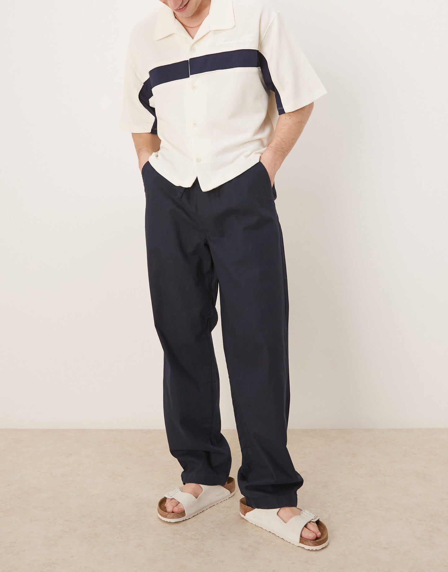 ASOS DESIGN baggy linen blend trousers in navy