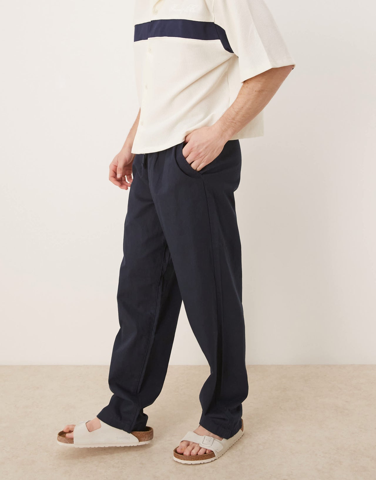ASOS DESIGN baggy linen blend trousers in navy
