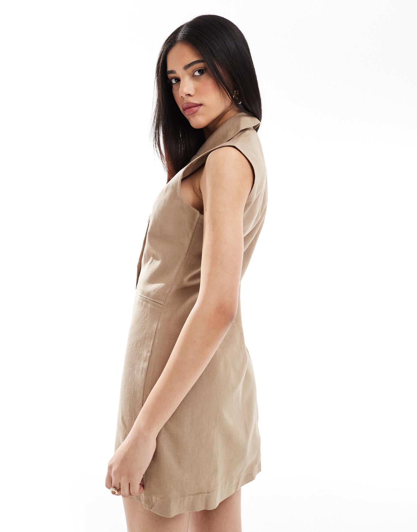French Connection linen sleeveless blazer mini dress in tan
