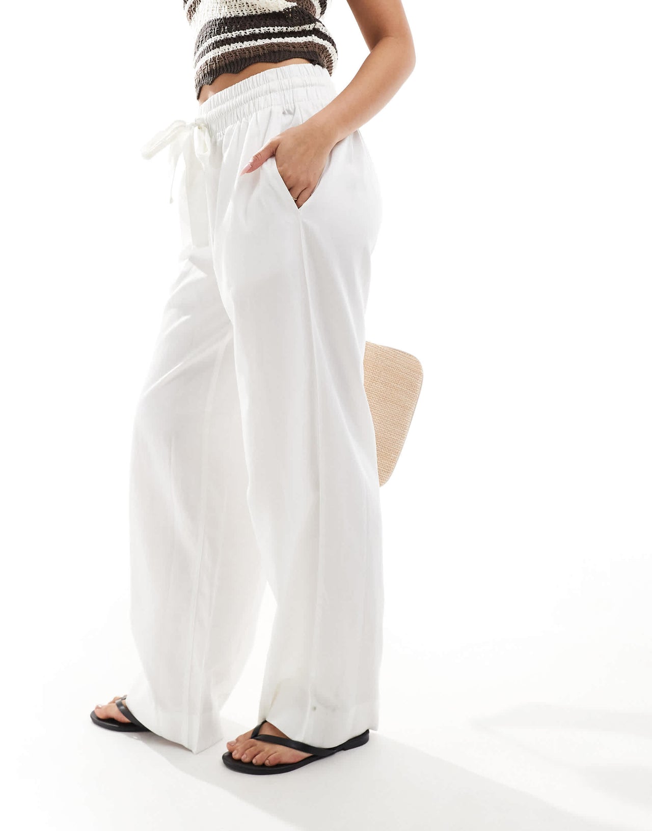 French Connection tie waist wide leg trousers in white