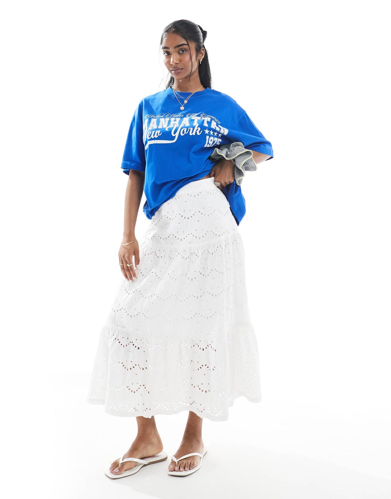 French Connection broderie tiered midaxi skirt in white