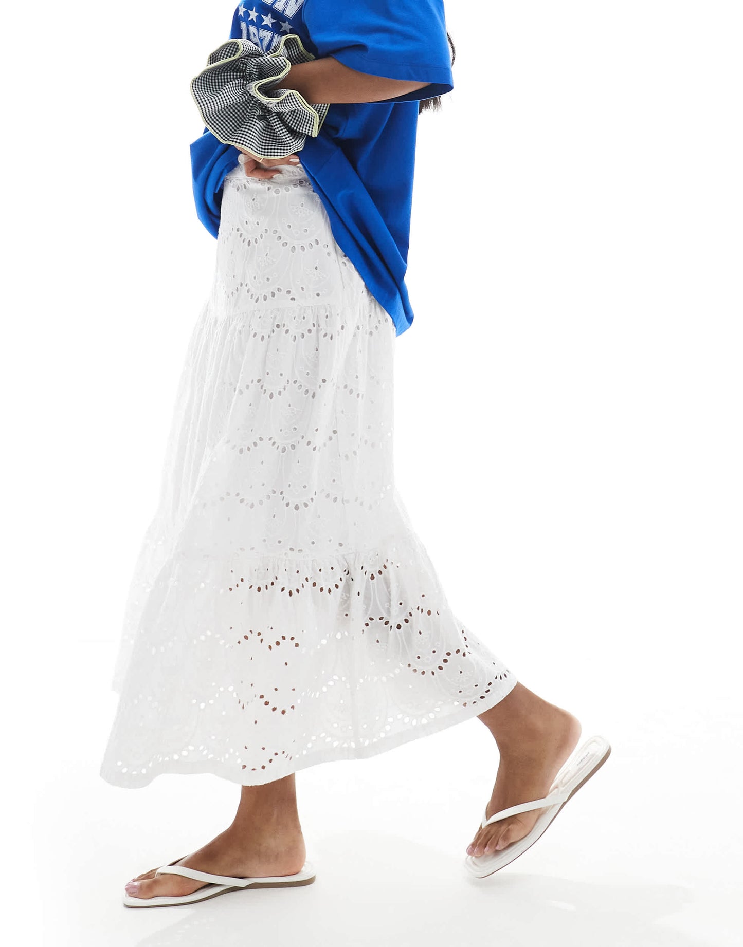 French Connection broderie tiered midaxi skirt in white
