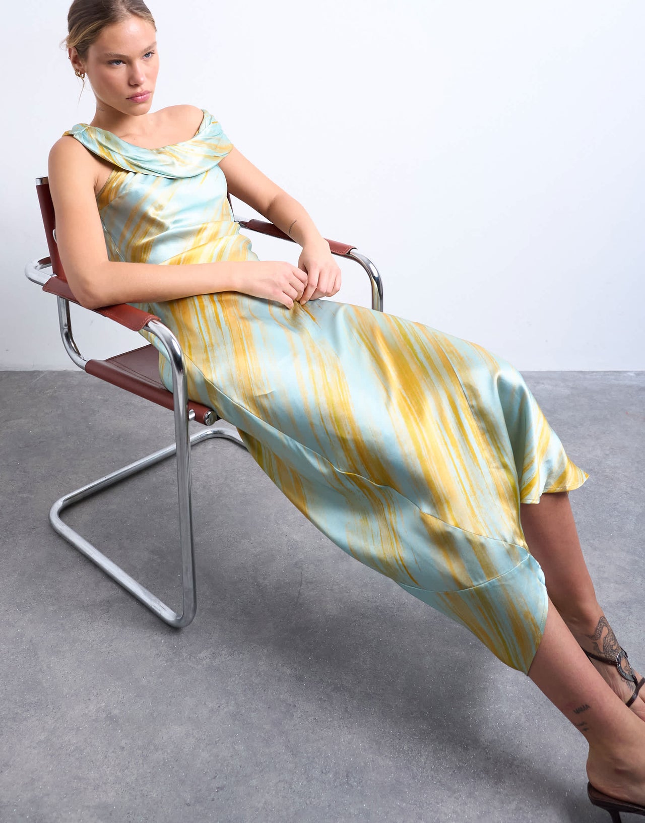 Topshop drape shoulder maxi occasion dress in blurred rust print
