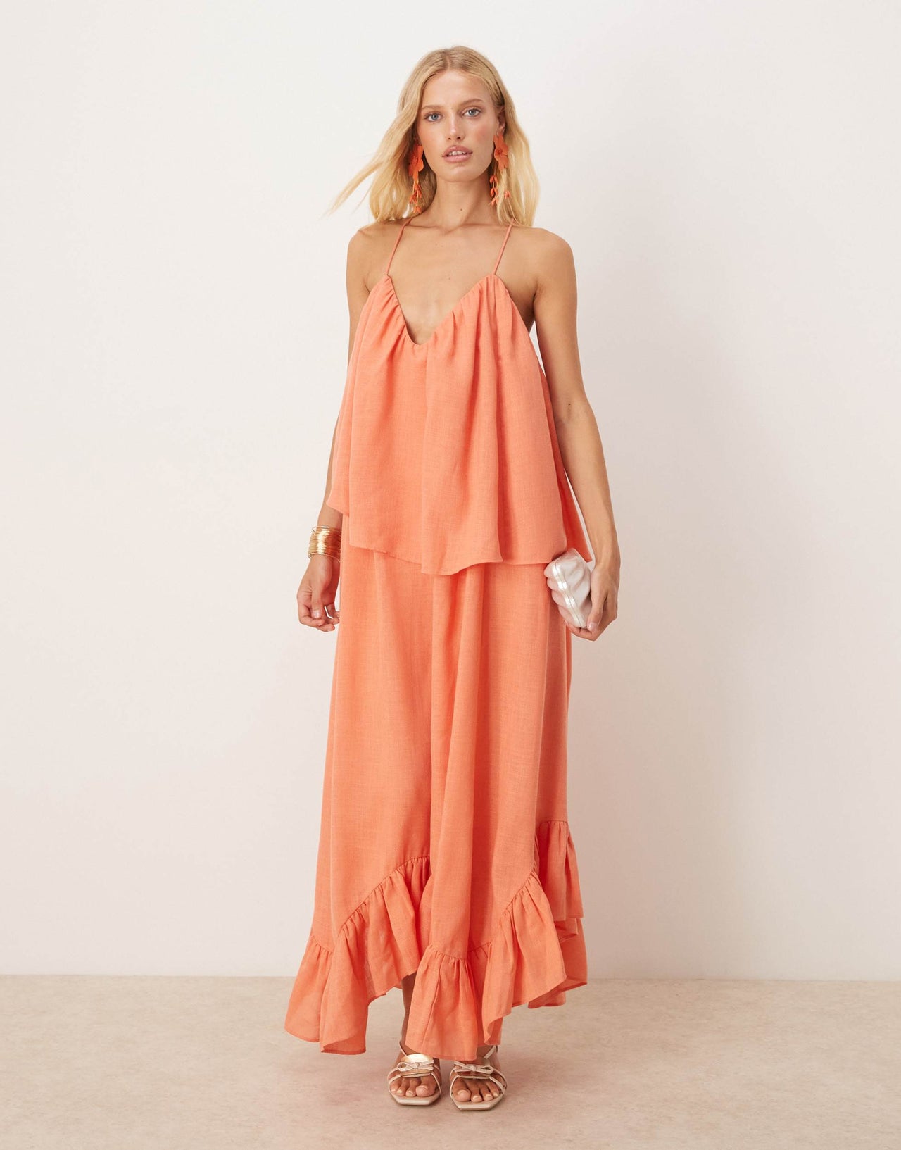 ASOS DESIGN sweetheart double layer volume maxi dress with pephem in coral