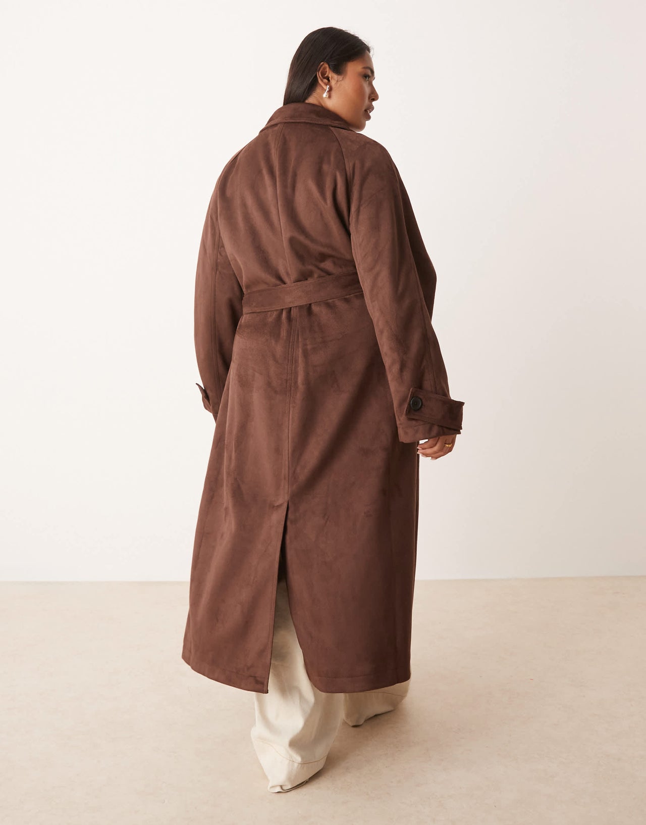 ASOS DESIGN Curve faux suede funnel neck trench coat in chocolate
