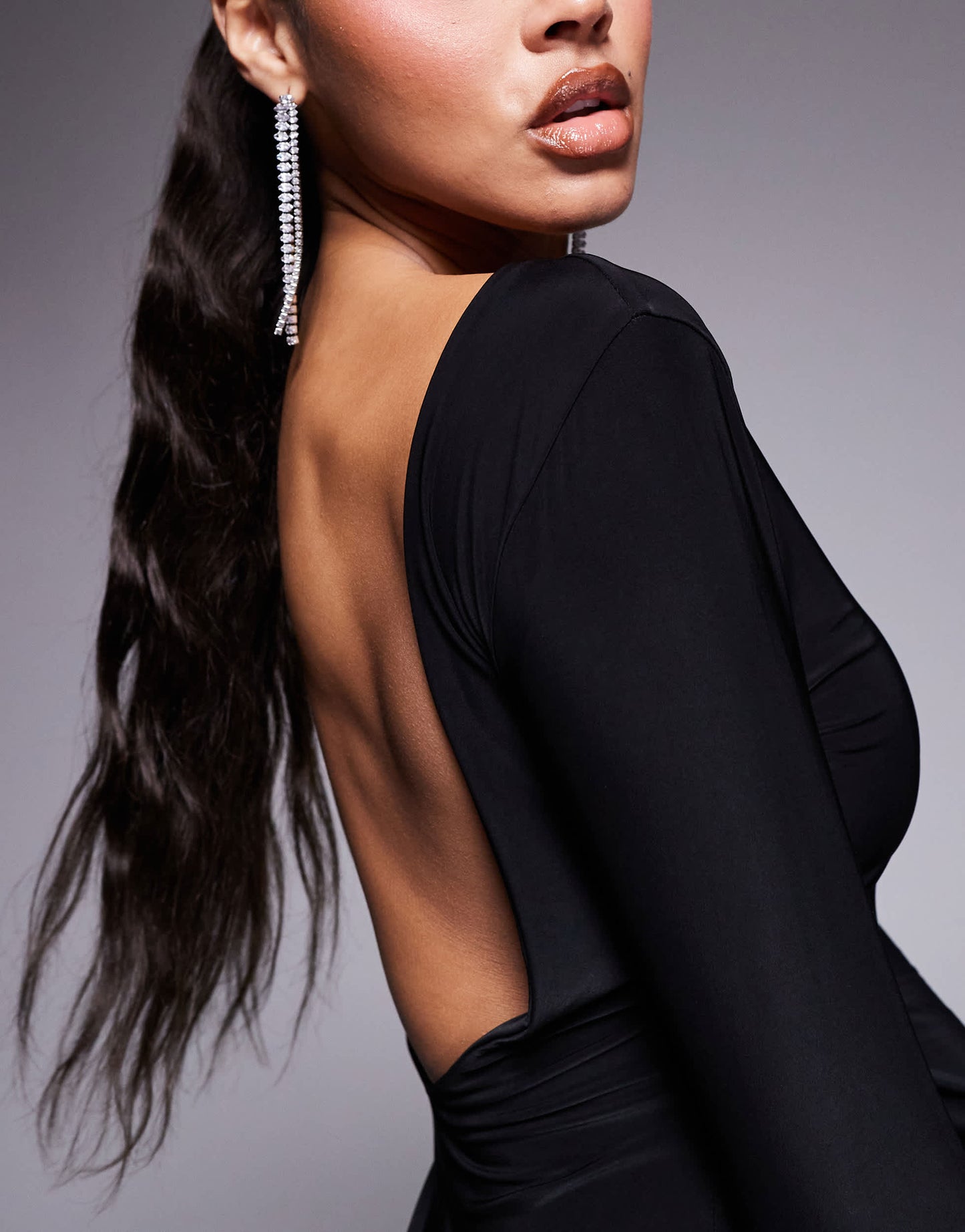 Kaiia exclusive double layered slinky low back long sleeve maxi dress in black
