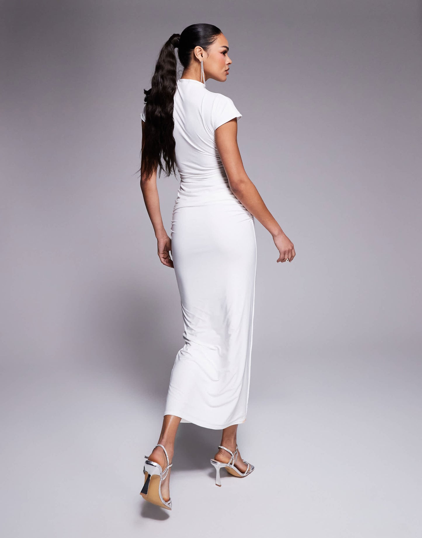 Kaiia exclusive double layered slinky high neck cap sleeve bodycon maxi dress in cream