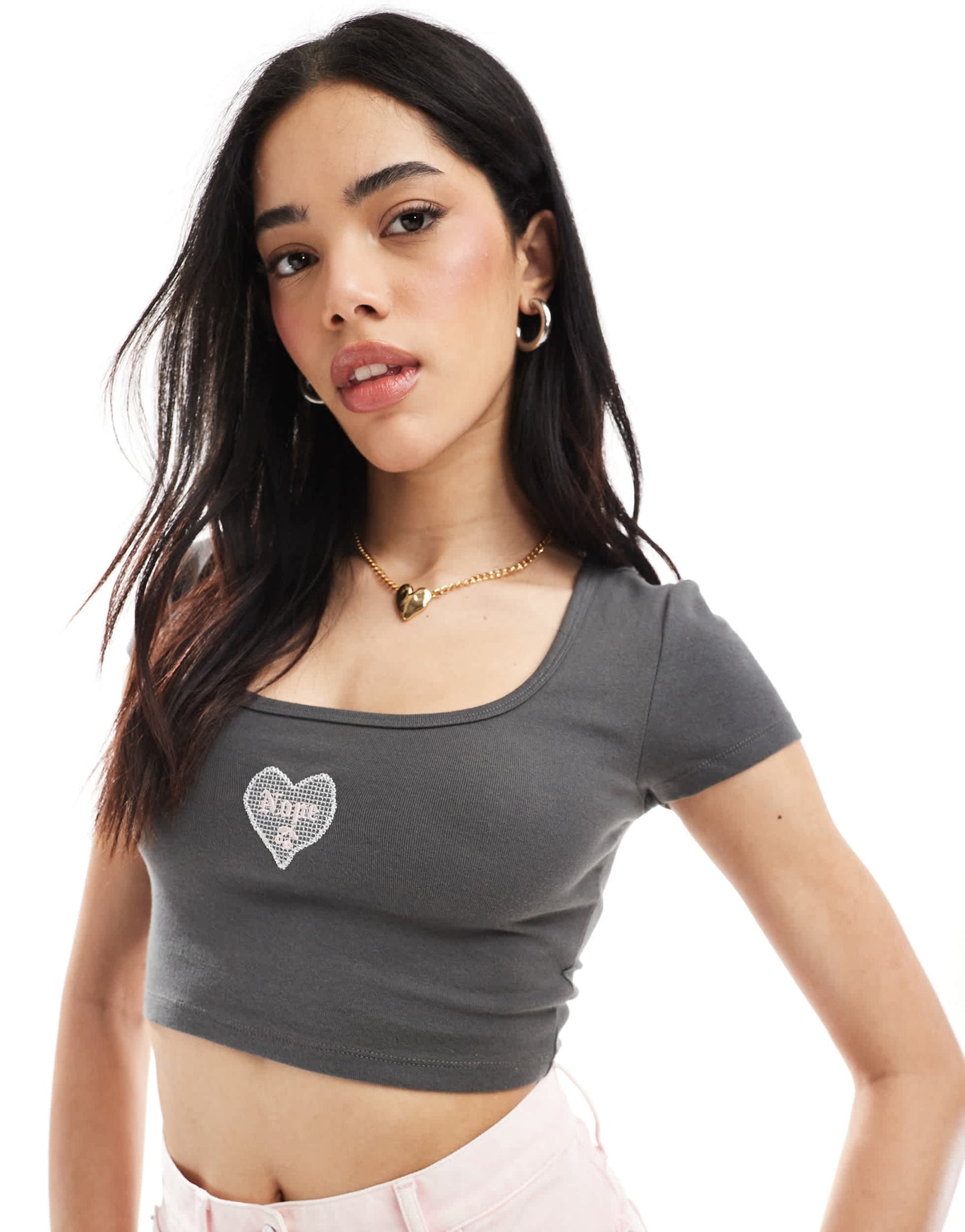 Cotton On scoop neck frill edge crop rib baby tee in black