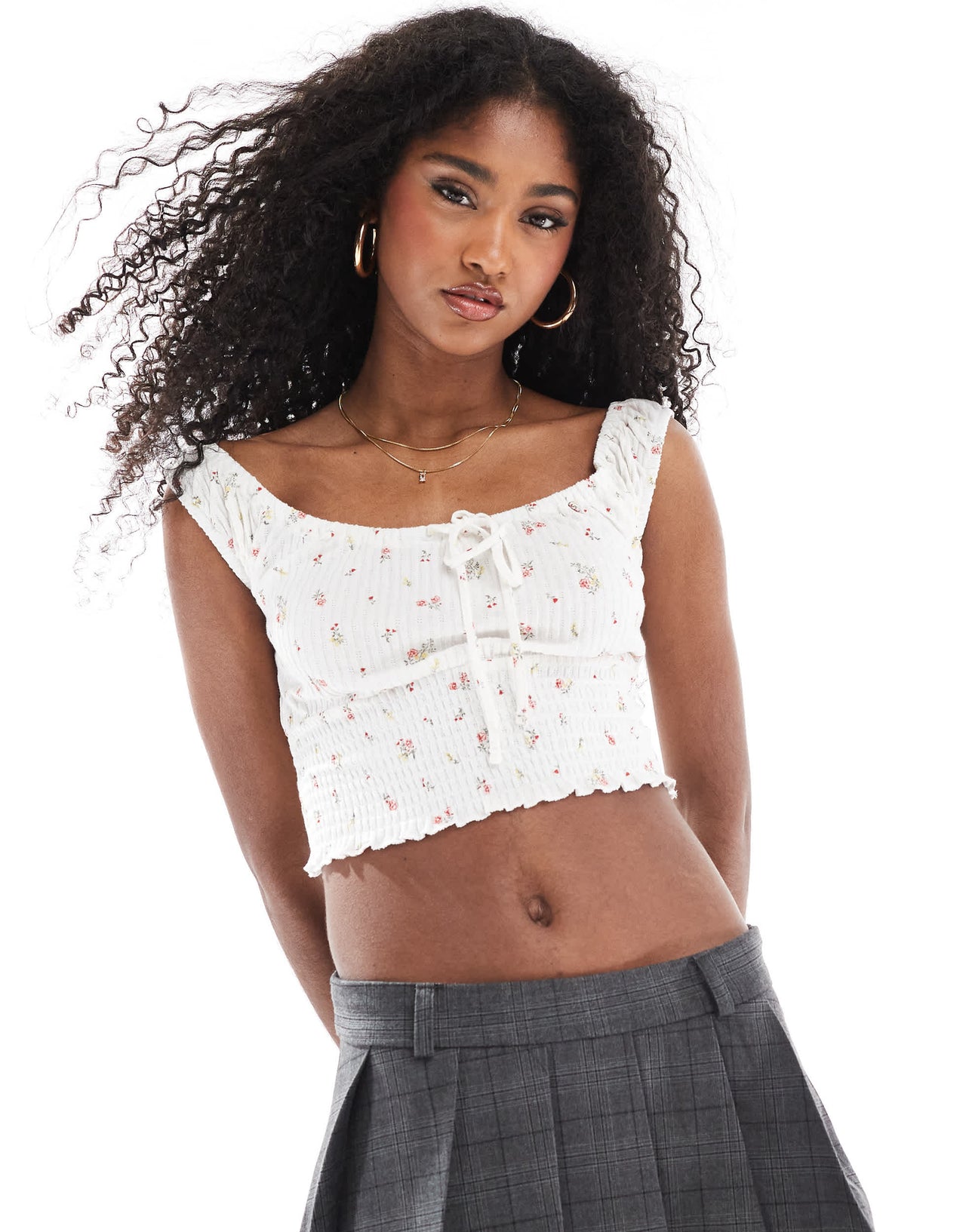 Cotton On shirred short sleeve top in ditsy vintage white