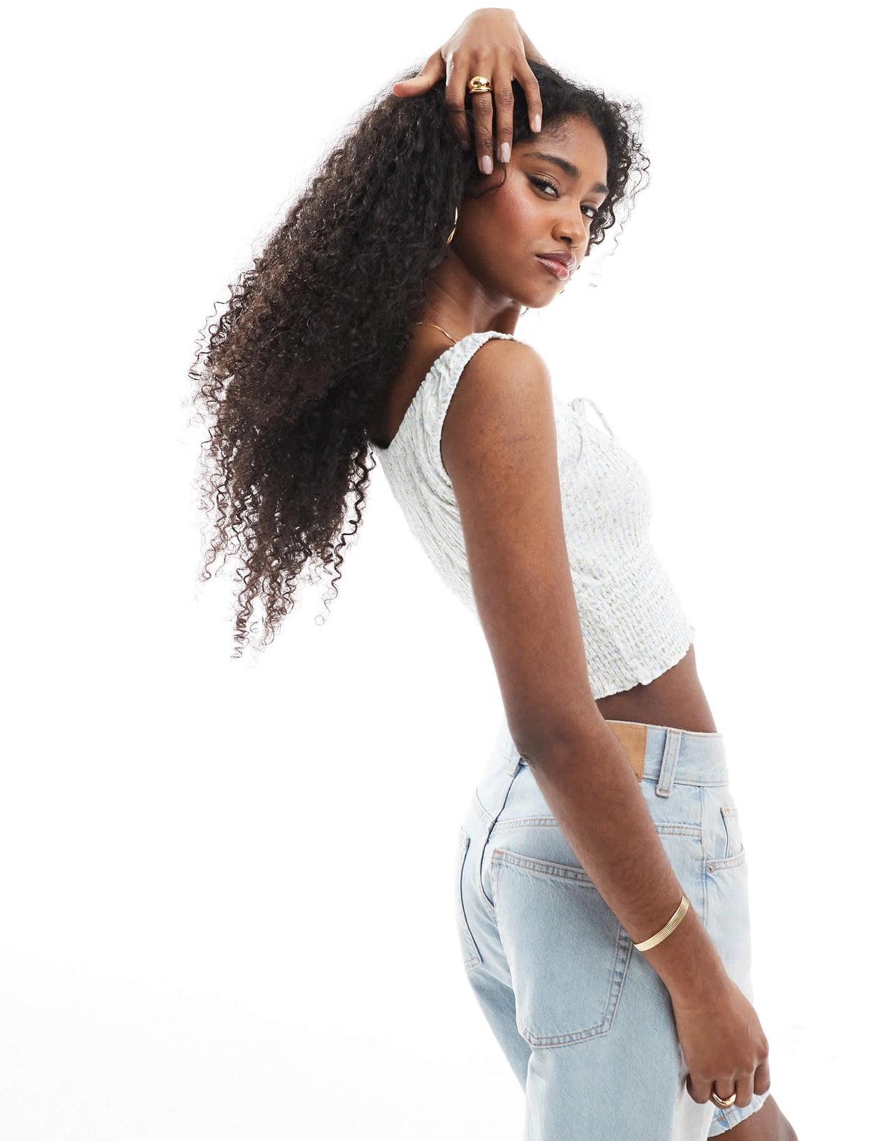 Cotton On shirred short sleeve top in ditsy blue