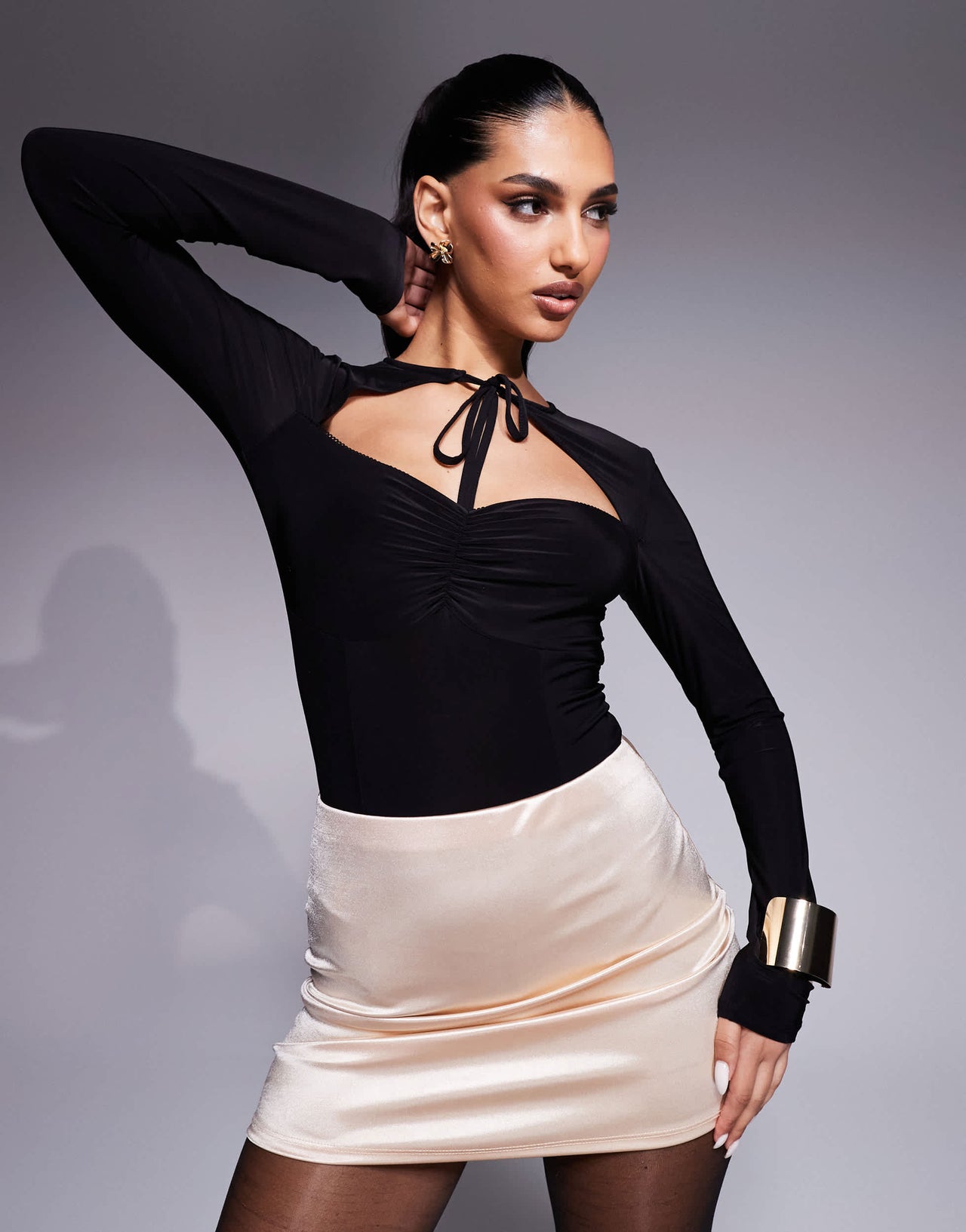ASOS DESIGN slinky long sleeve bodysuit with tie detail in black