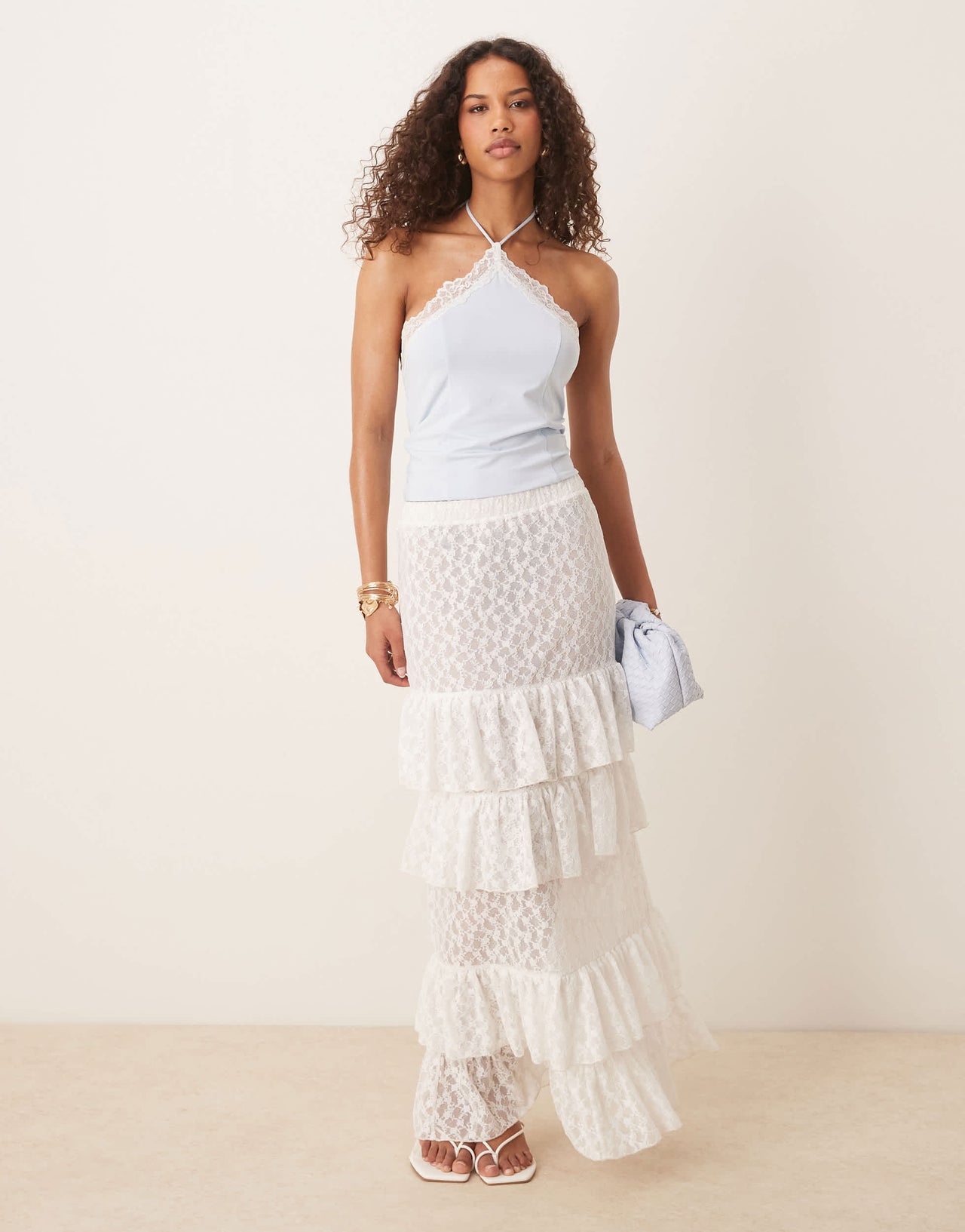 ASOS DESIGN lace tiered maxi skirt in white