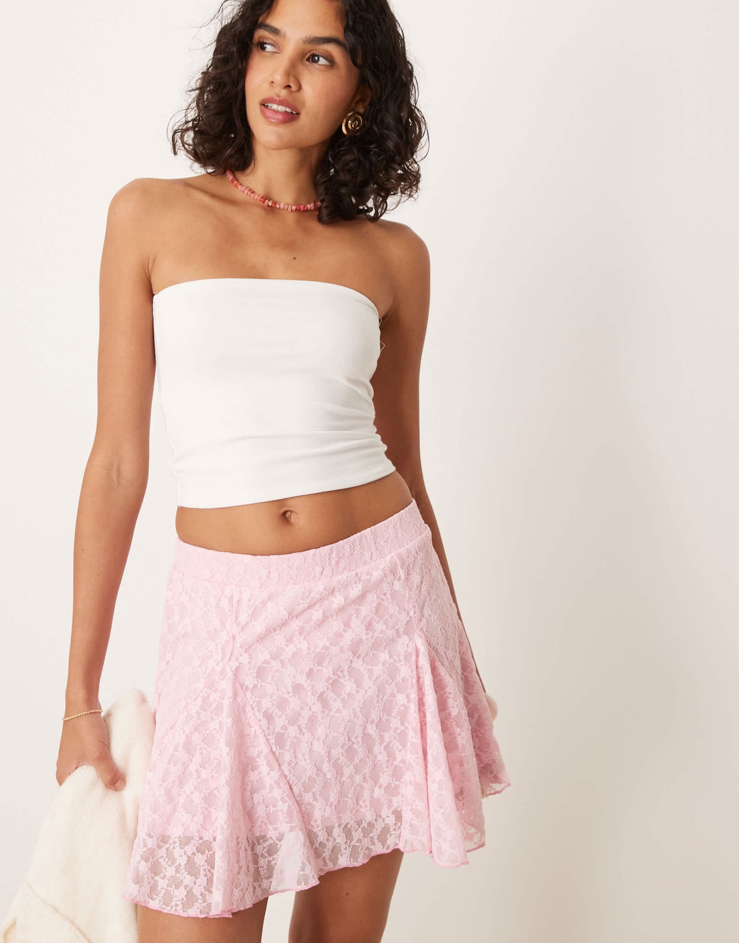 ASOS DESIGN godet lace mini skirt in pink - PINK