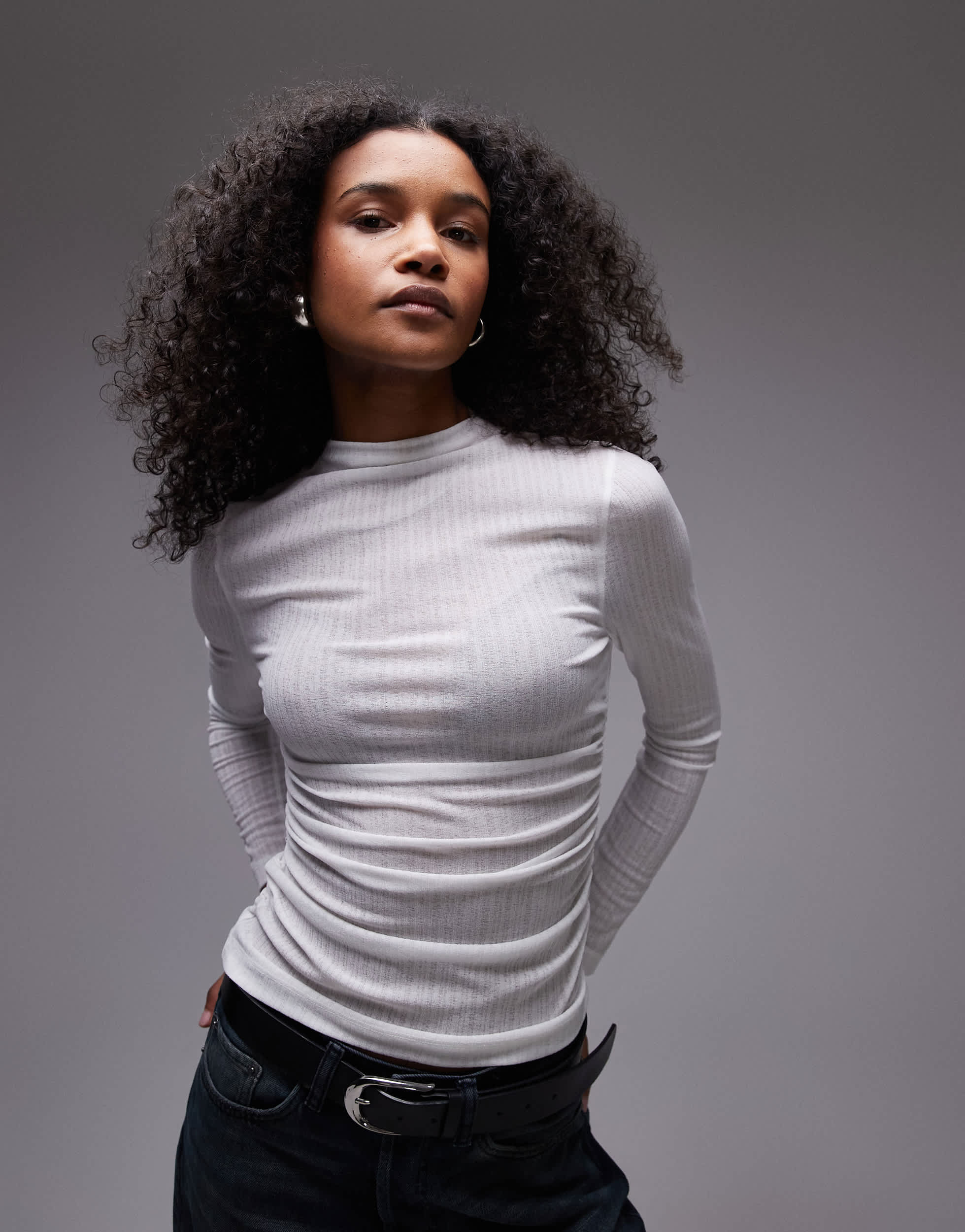 ASOS DESIGN dry handle long sleeve ruched side top in ivory