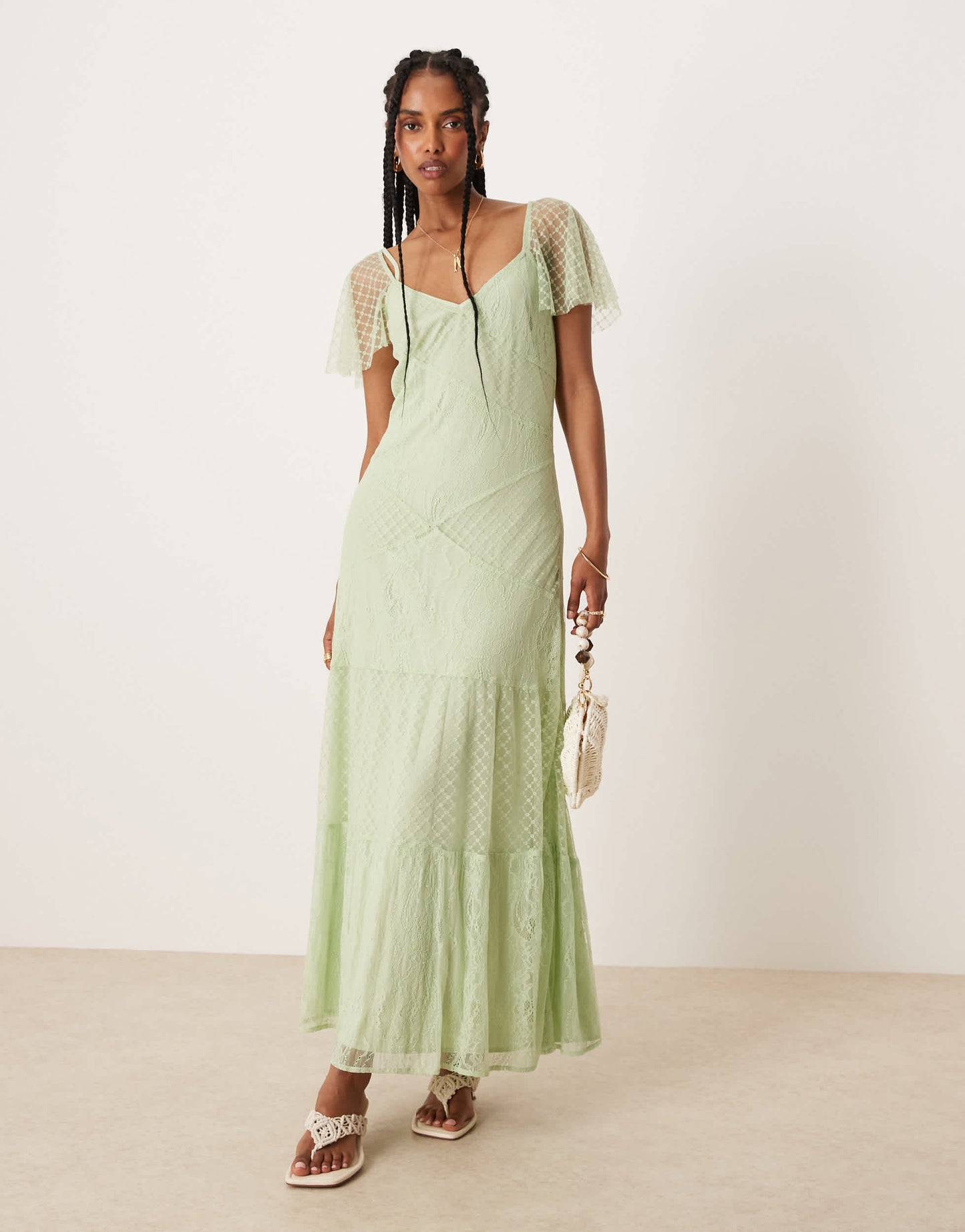 ASOS DESIGN flutter sleeve lace panelled maxi dress in mint