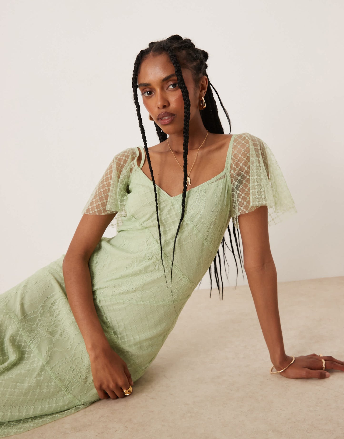 ASOS DESIGN flutter sleeve lace panelled maxi dress in mint