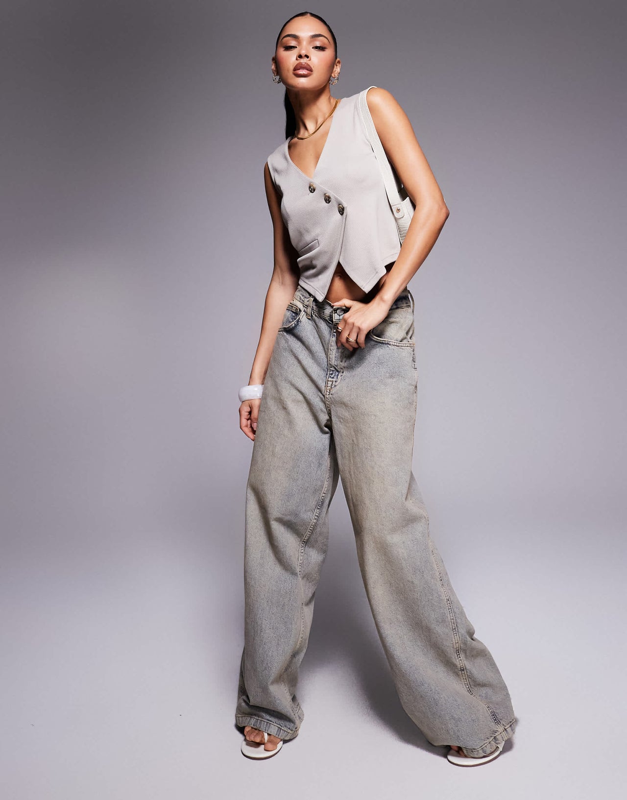 ASOS DESIGN asymmetric waistcoat top in stone