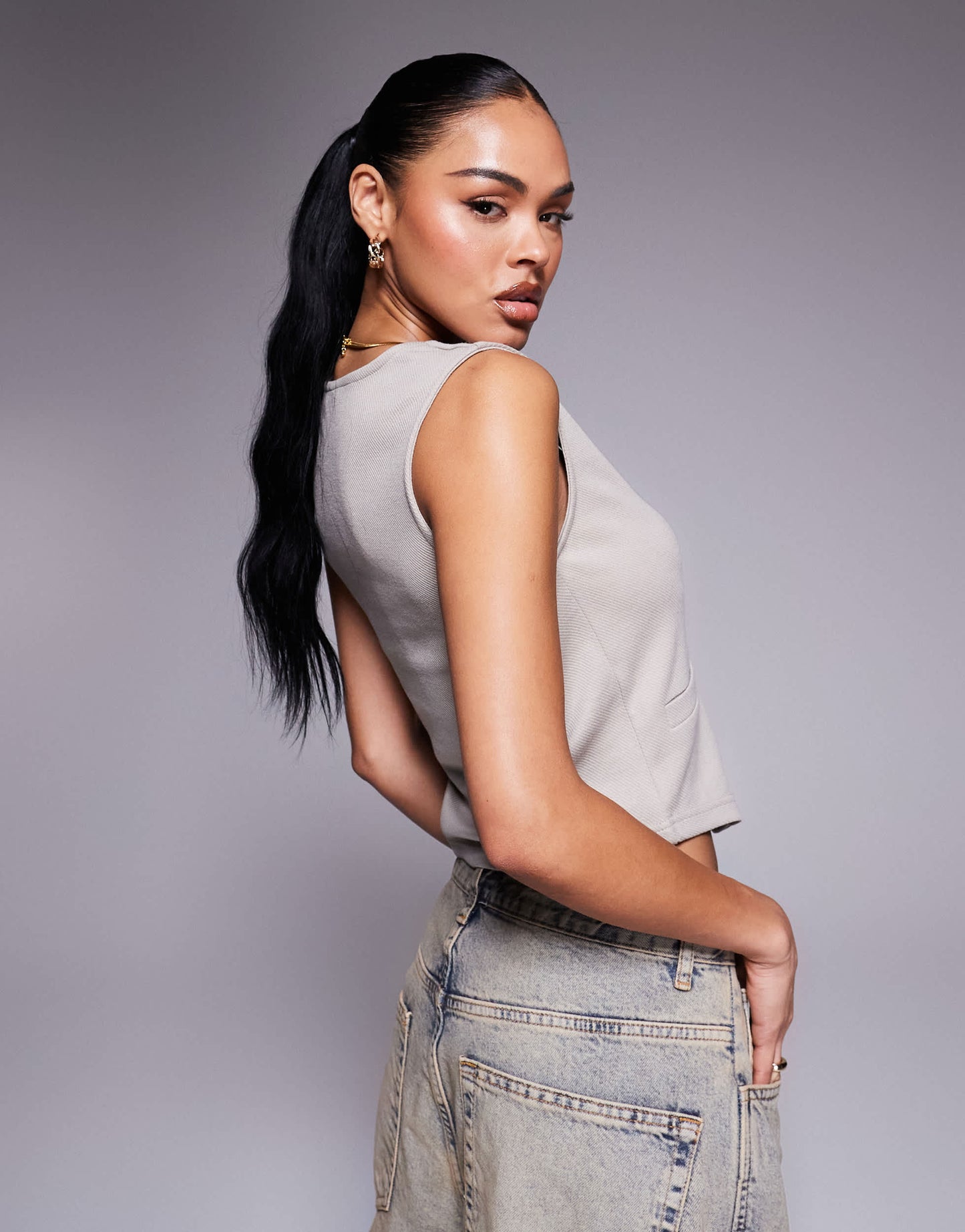 ASOS DESIGN asymmetric waistcoat top in stone