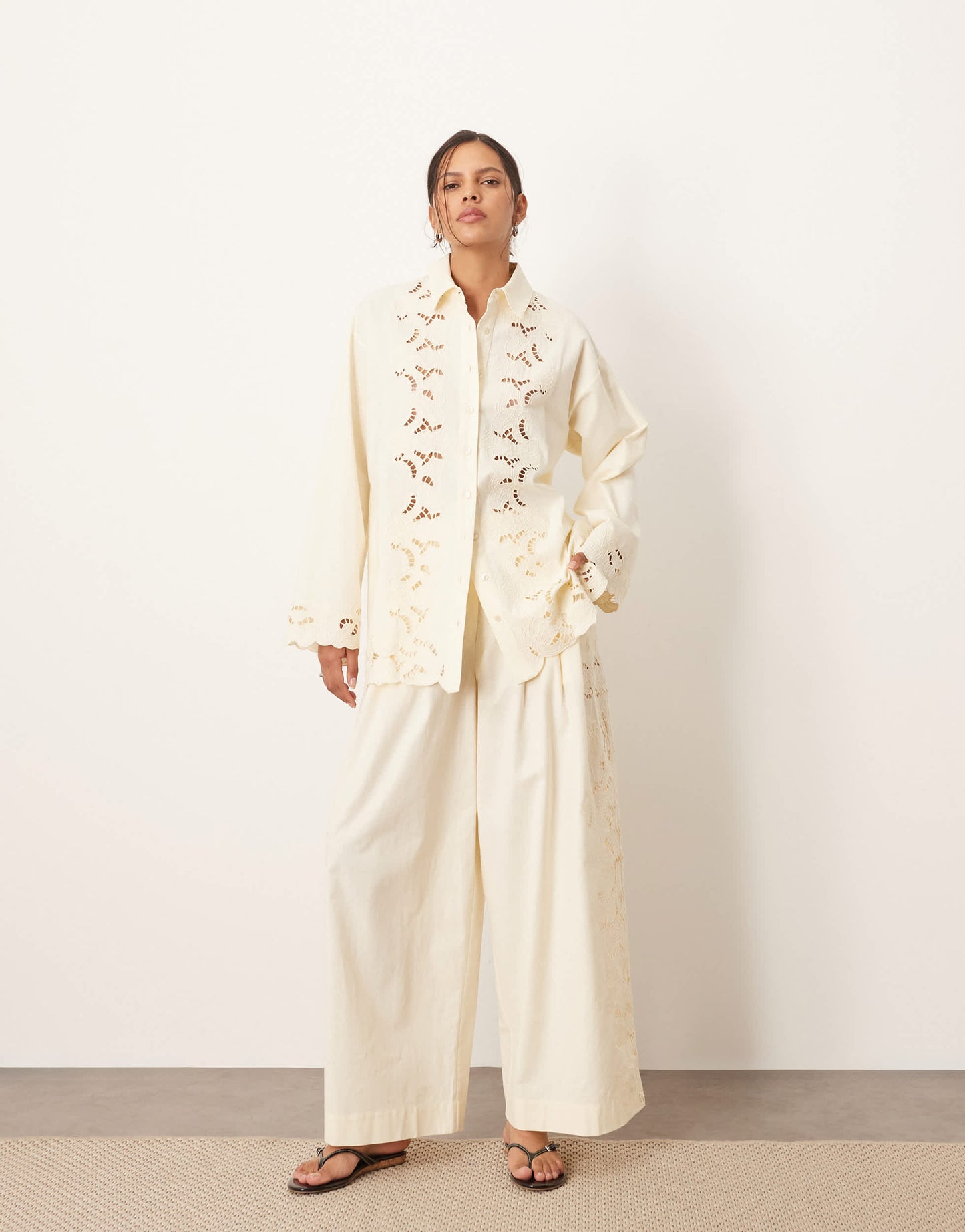 ARRANGE embroidered cutwork trouser co-ord in ecru