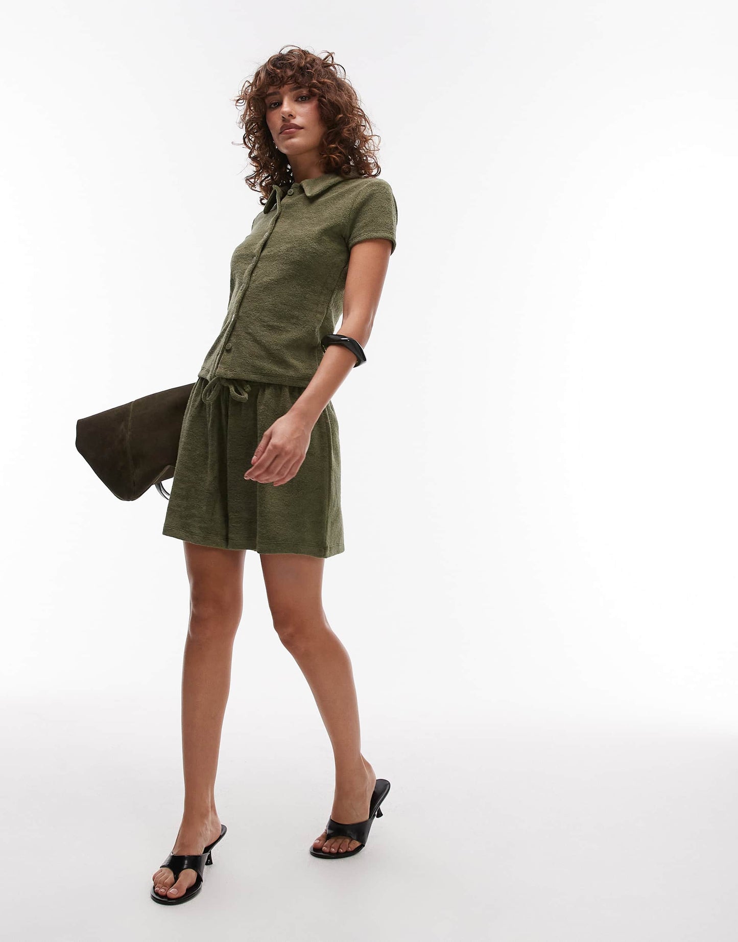 Topshop towelling drawcord shorts in khaki