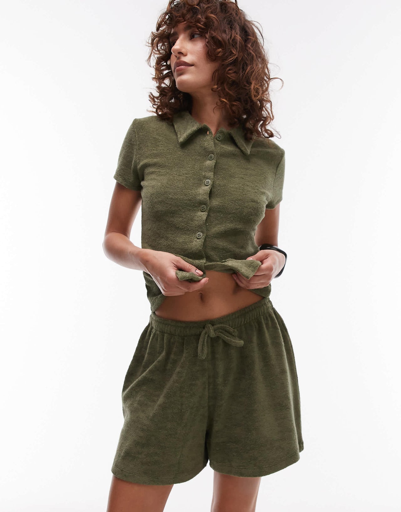 Topshop towelling drawcord shorts in khaki