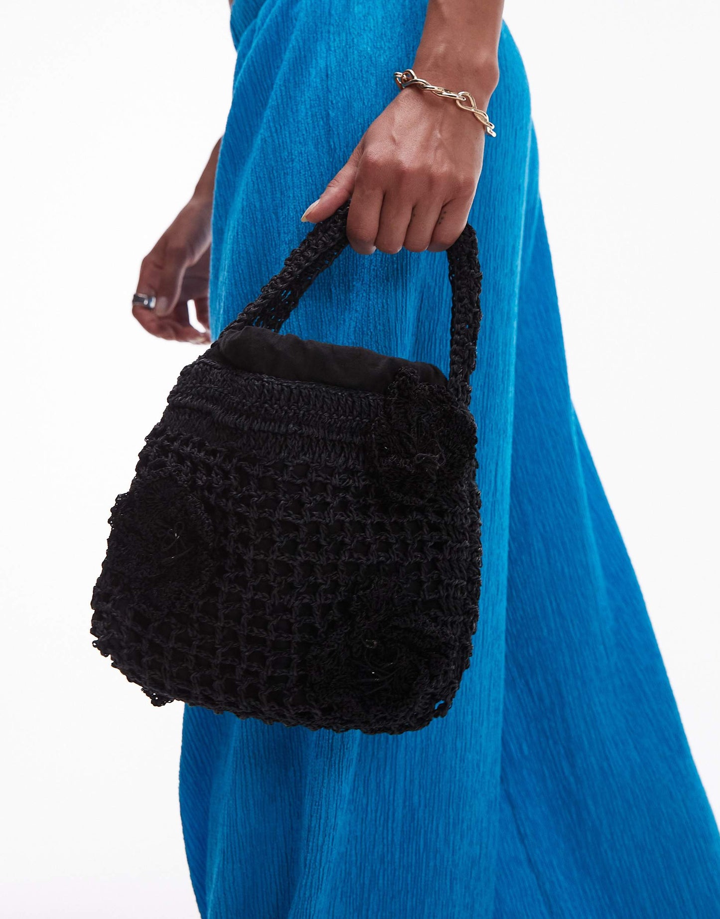 Topshop Gea floral raffia grab bag in black
