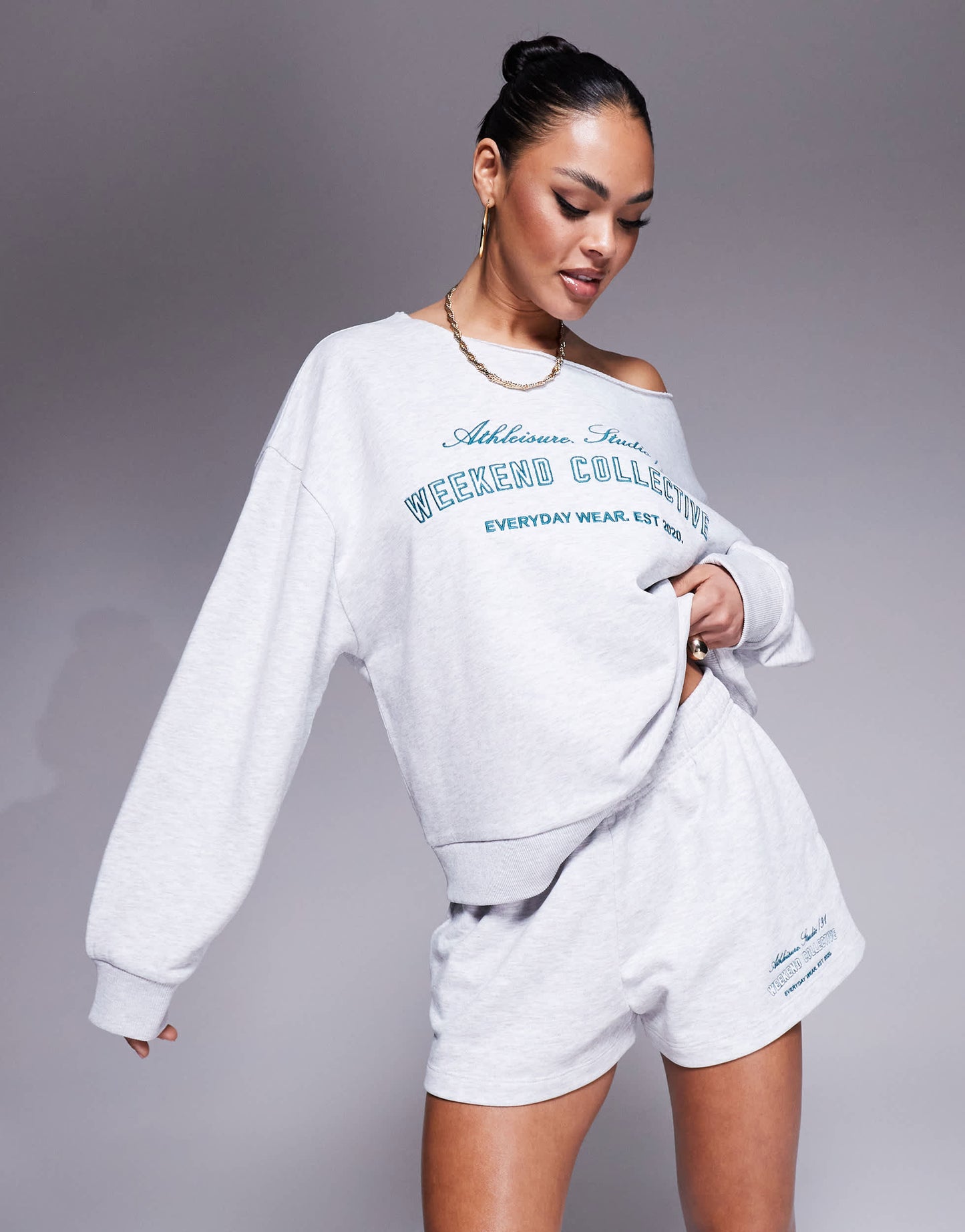 Weekend collective short co-ord with embroidered logo in grey marl