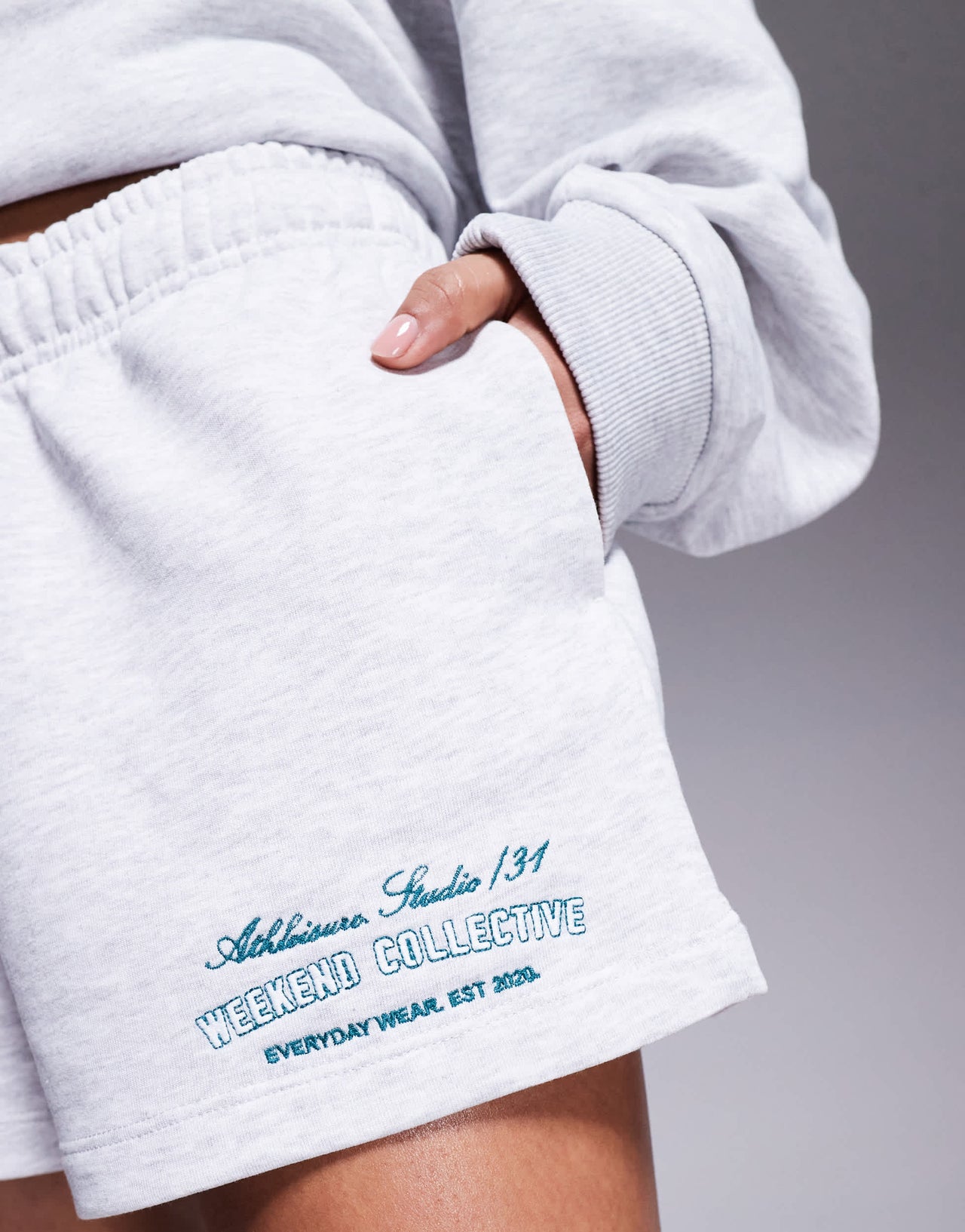 Weekend collective short co-ord with embroidered logo in grey marl