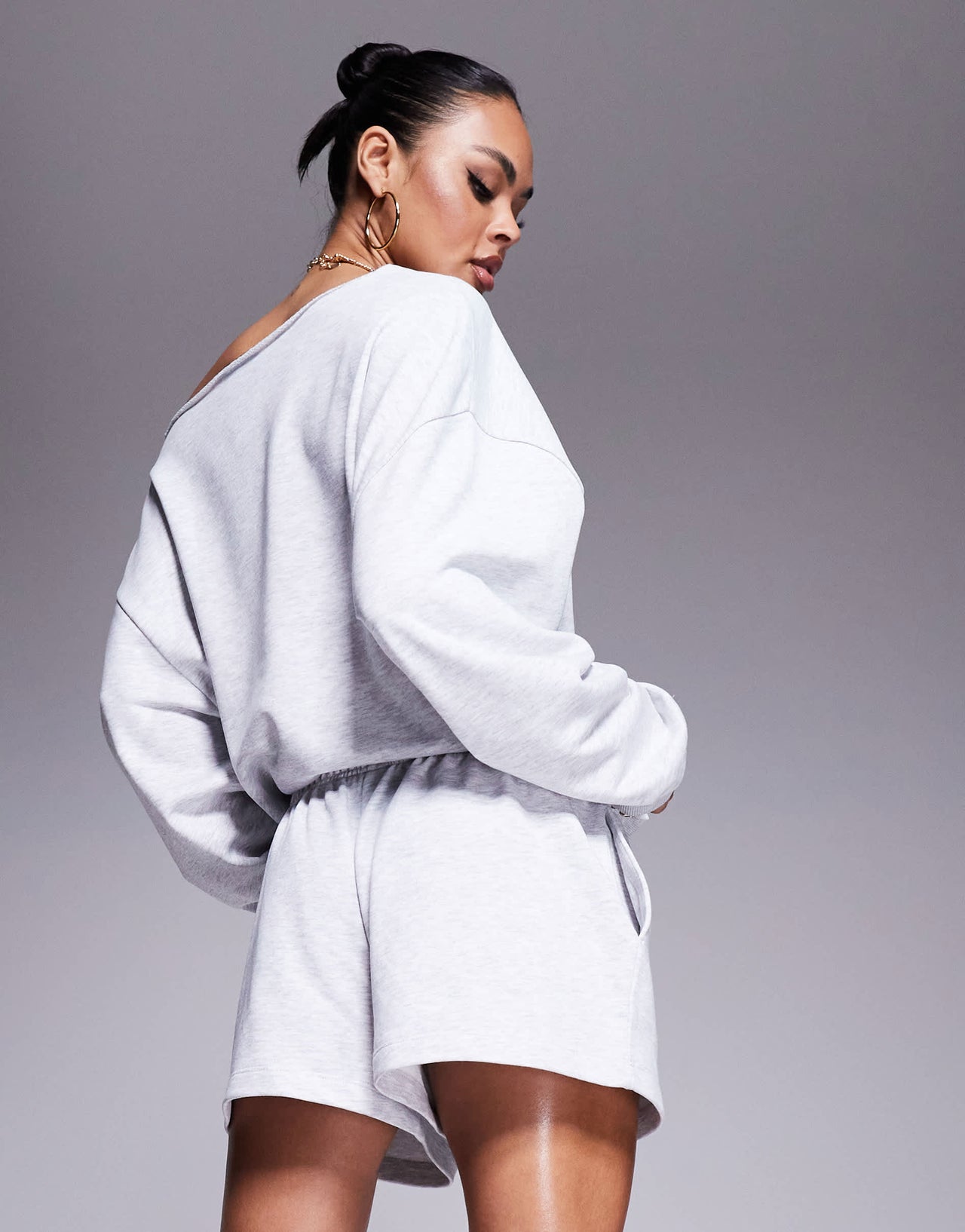 Weekend collective short co-ord with embroidered logo in grey marl
