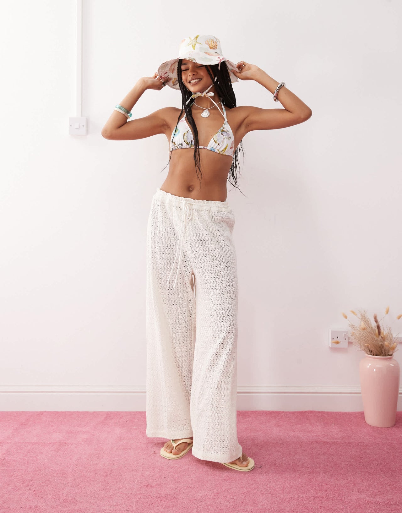 Reclaimed Vintage pull on beach crochet trouser in white