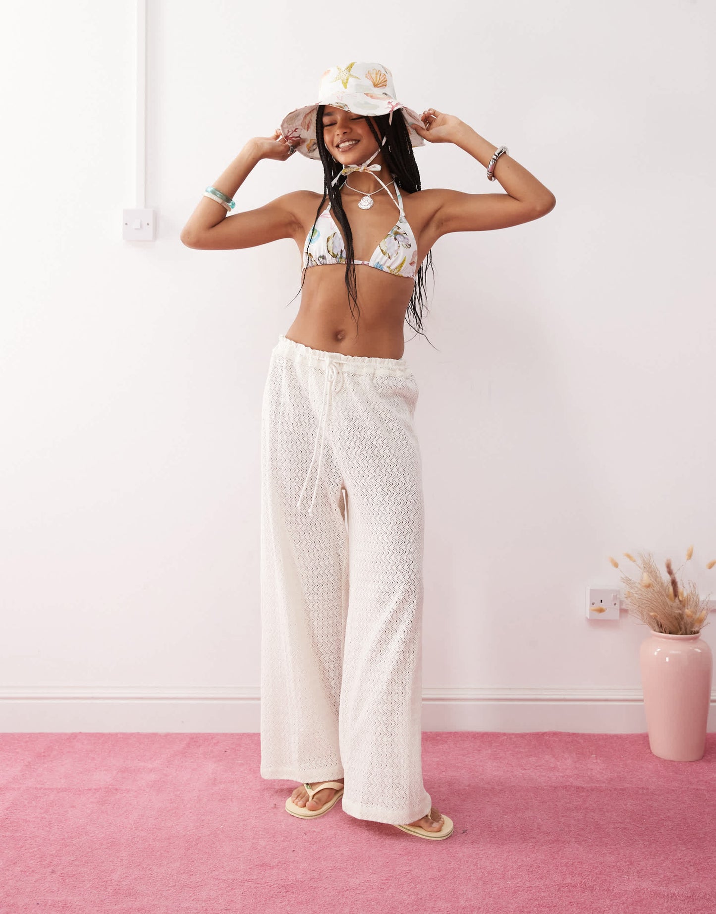 Reclaimed Vintage pull on beach crochet trouser in white
